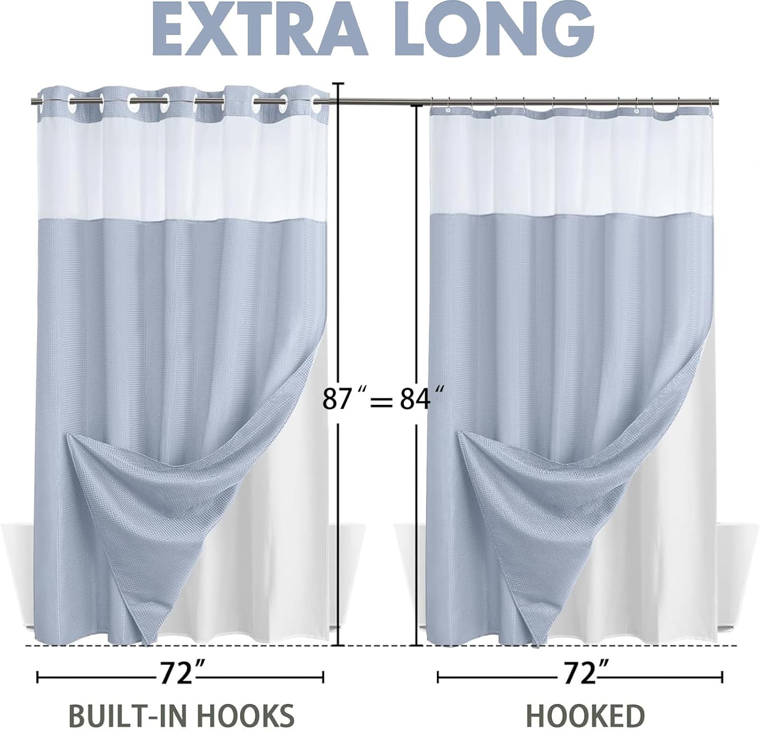 AllWays Plaza Waterproof Fabric Snap in Shower Curtain Liner Replacement with 2 Magnets71 W x 55" L for 72" W x 75" L No Hook Shower Curtain - Removable &amp; Detachable to Wash - White