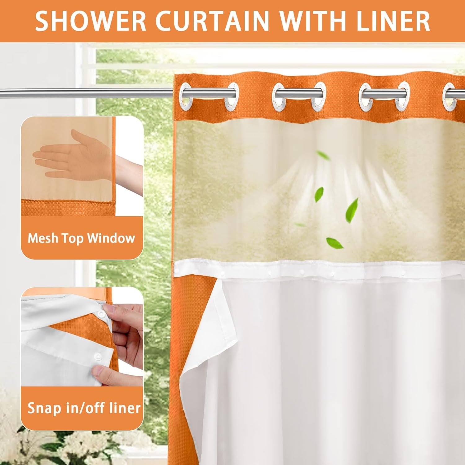 AllWays Plaza Waterproof Fabric Snap in Shower Curtain Liner Replacement with 2 Magnets71 W x 55" L for 72" W x 75" L No Hook Shower Curtain - Removable &amp; Detachable to Wash - White