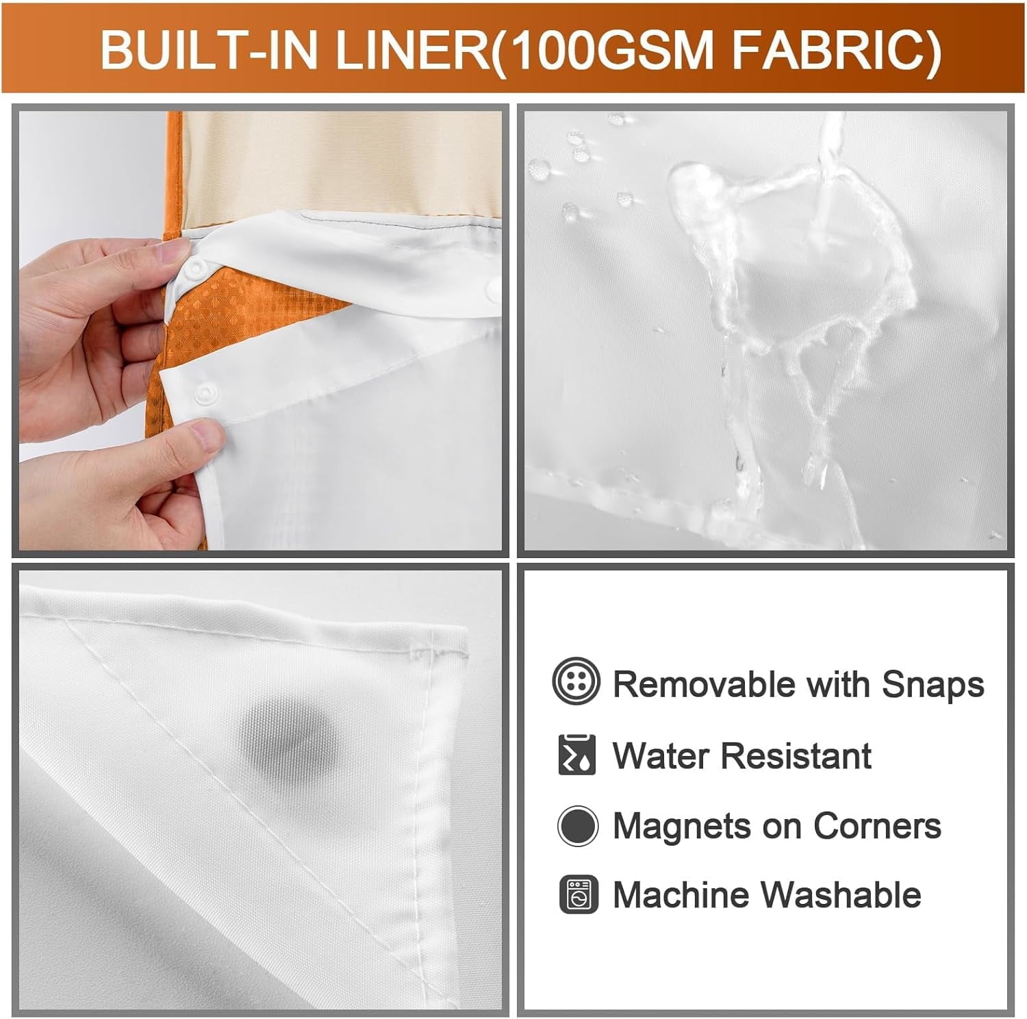 AllWays Plaza Waterproof Fabric Snap in Shower Curtain Liner Replacement with 2 Magnets71 W x 55" L for 72" W x 75" L No Hook Shower Curtain - Removable &amp; Detachable to Wash - White