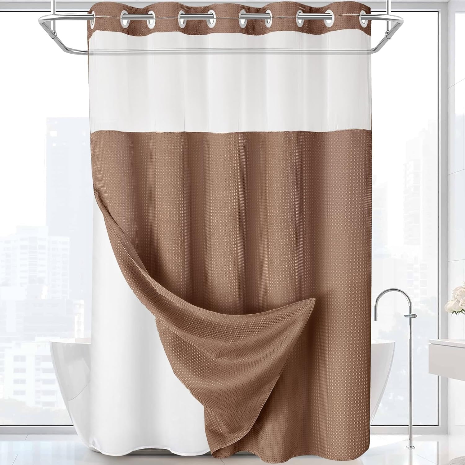 AllWays Plaza Waterproof Fabric Snap in Shower Curtain Liner Replacement with 2 Magnets71 W x 55" L for 72" W x 75" L No Hook Shower Curtain - Removable &amp; Detachable to Wash - White