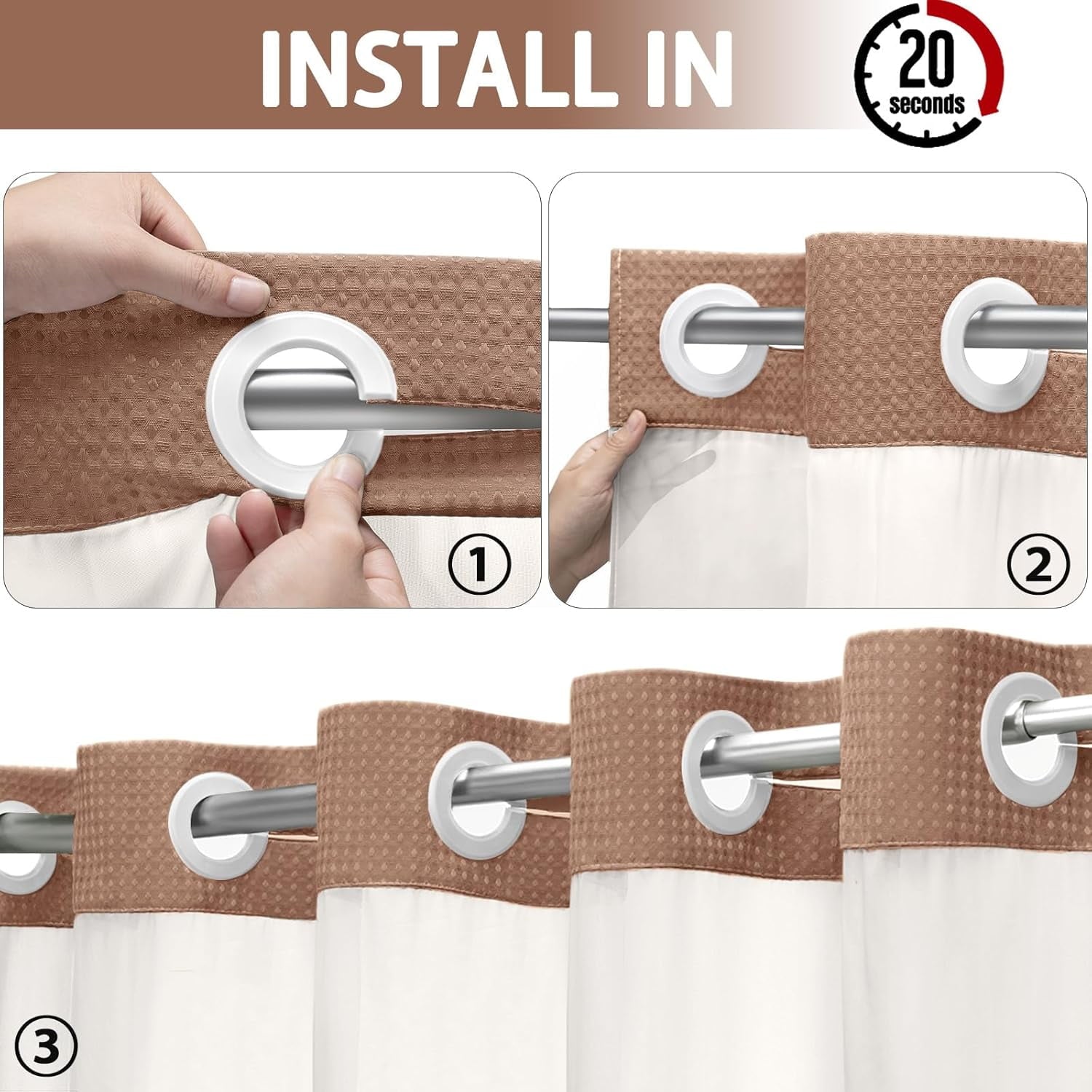 AllWays Plaza Waterproof Fabric Snap in Shower Curtain Liner Replacement with 2 Magnets71 W x 55" L for 72" W x 75" L No Hook Shower Curtain - Removable &amp; Detachable to Wash - White