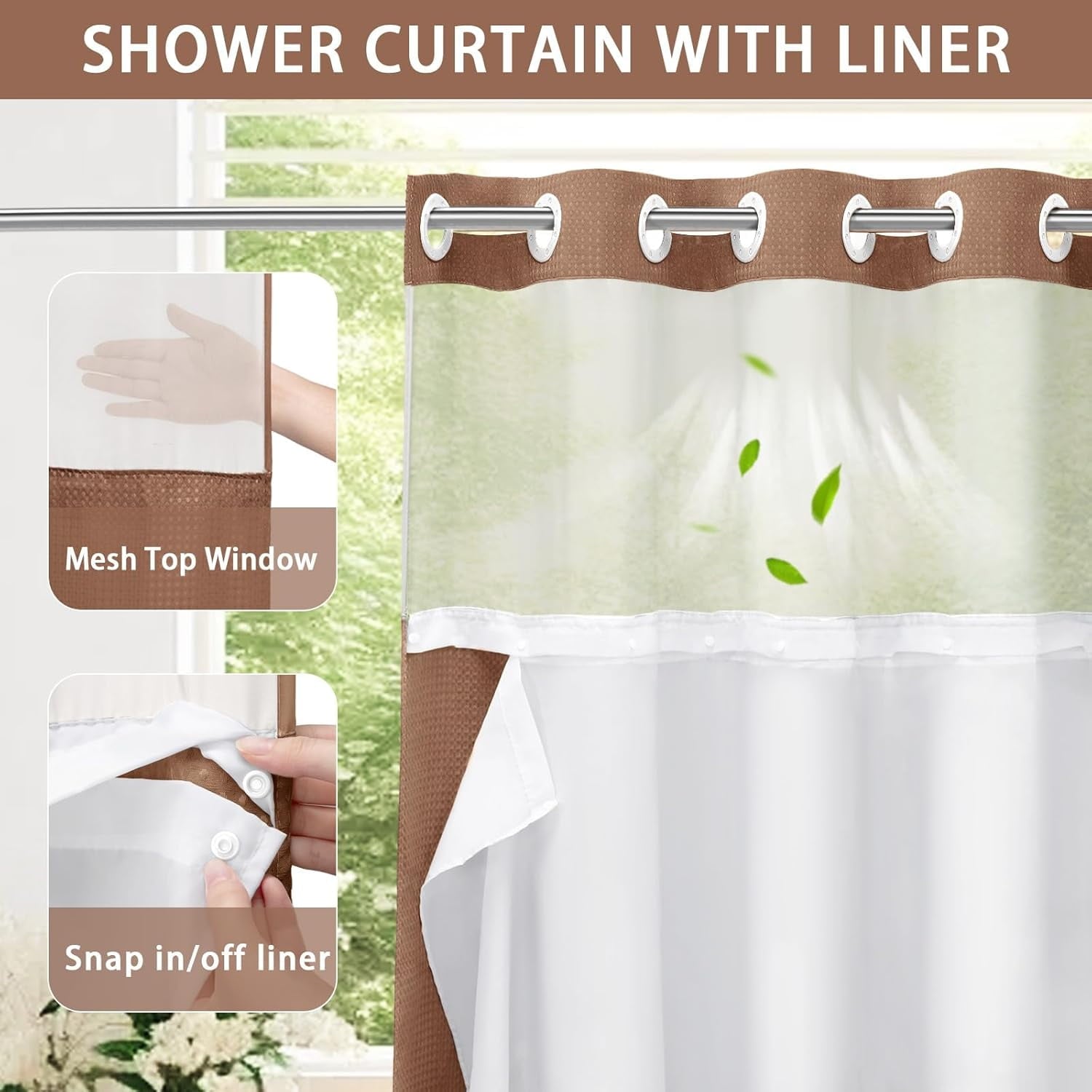 AllWays Plaza Waterproof Fabric Snap in Shower Curtain Liner Replacement with 2 Magnets71 W x 55" L for 72" W x 75" L No Hook Shower Curtain - Removable &amp; Detachable to Wash - White
