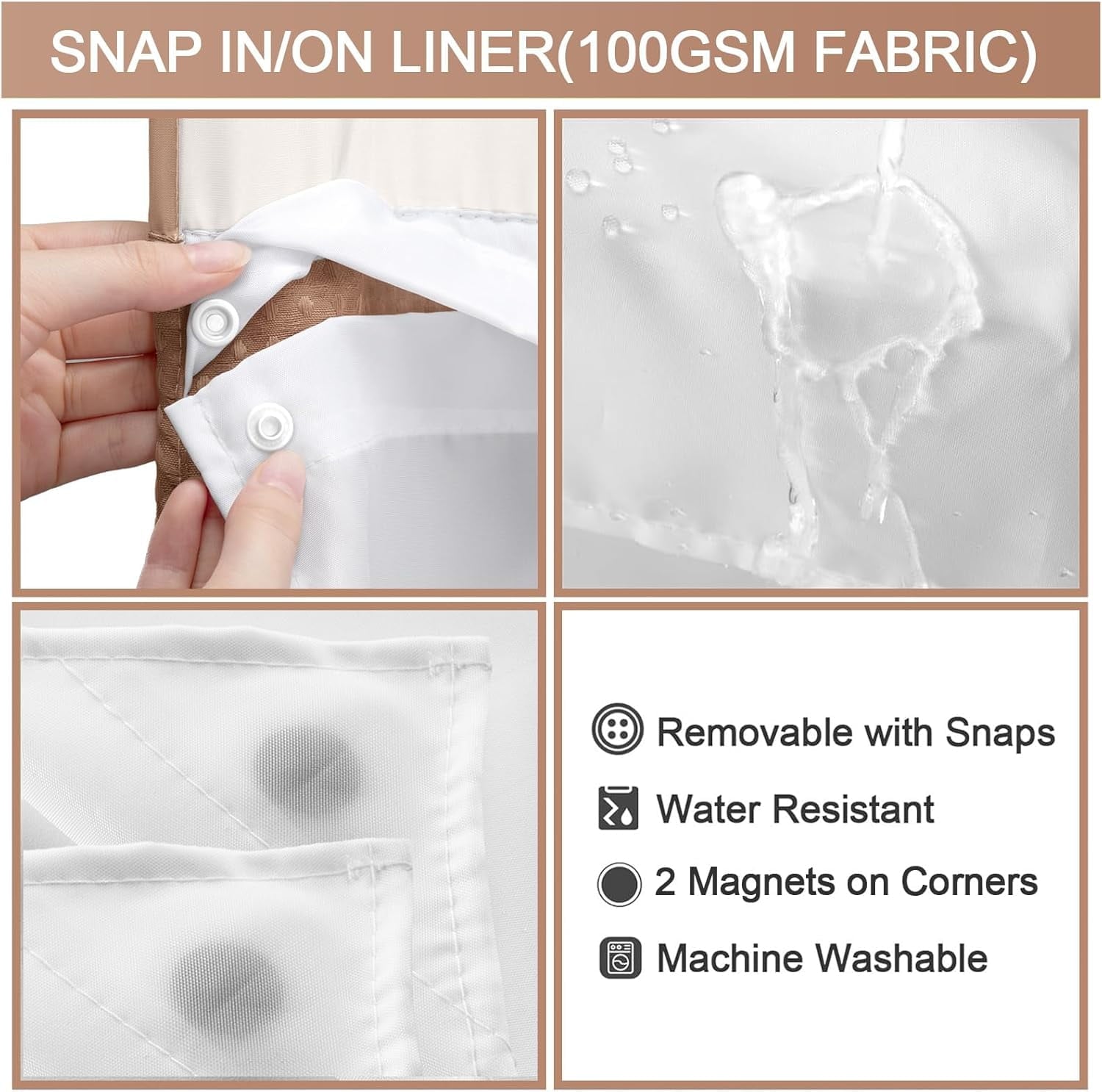 AllWays Plaza Waterproof Fabric Snap in Shower Curtain Liner Replacement with 2 Magnets71 W x 55" L for 72" W x 75" L No Hook Shower Curtain - Removable &amp; Detachable to Wash - White