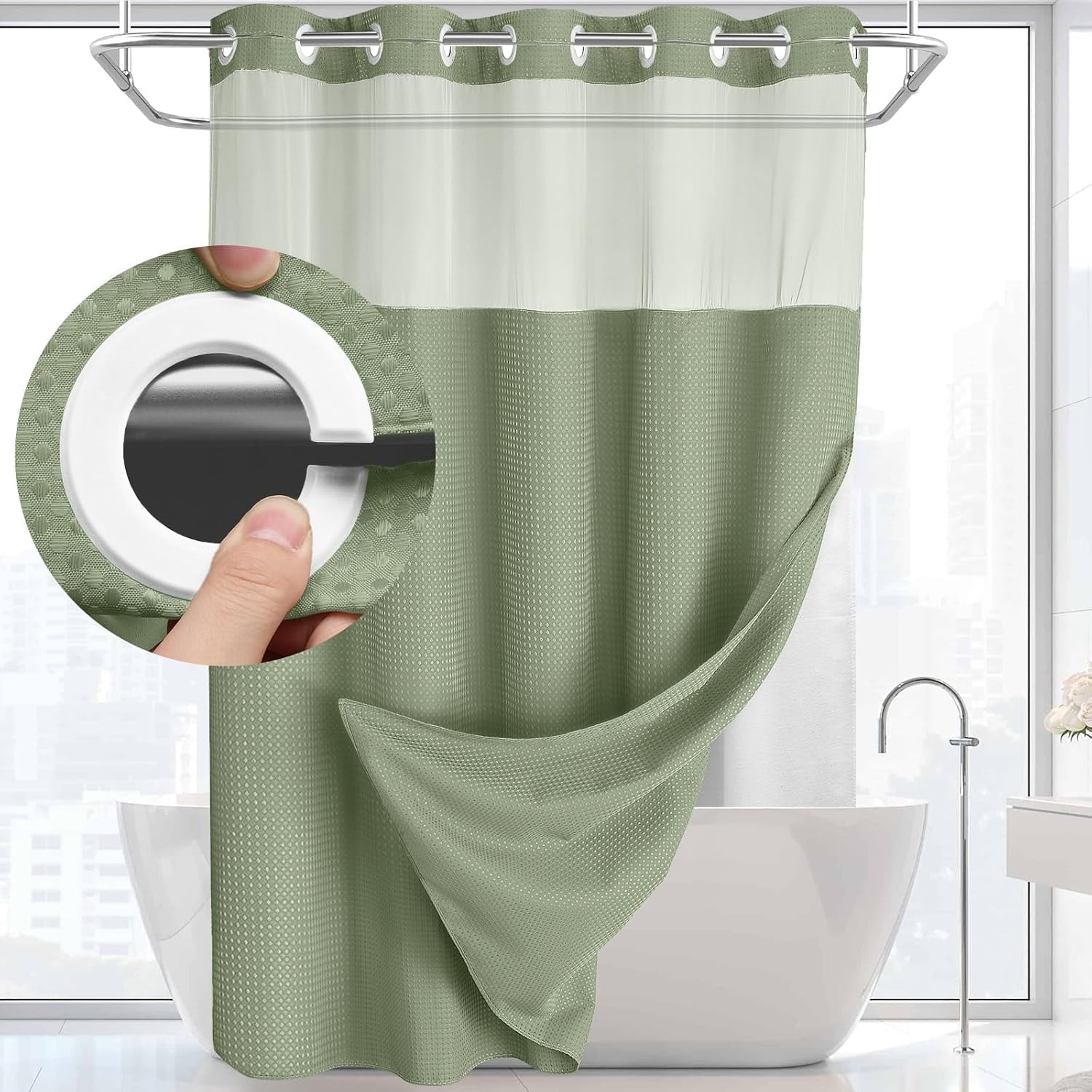 AllWays Plaza Waterproof Fabric Snap in Shower Curtain Liner Replacement with 2 Magnets71 W x 55" L for 72" W x 75" L No Hook Shower Curtain - Removable &amp; Detachable to Wash - White