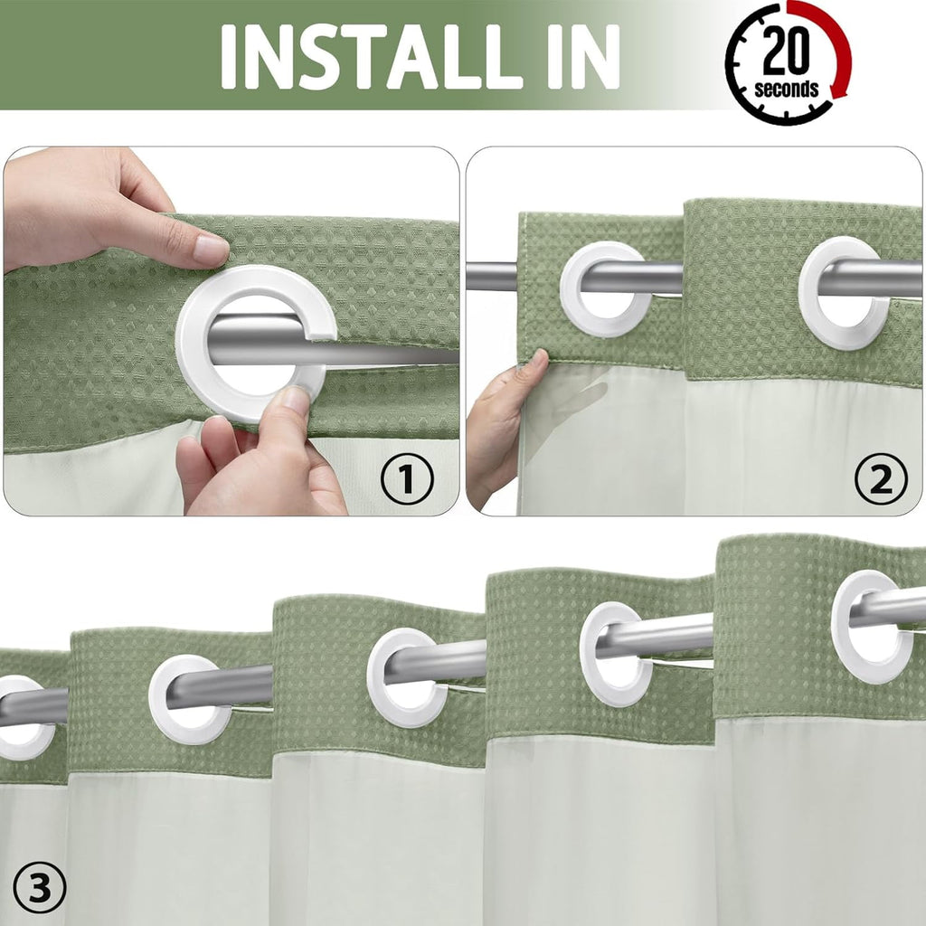 AllWays Plaza Waterproof Fabric Snap in Shower Curtain Liner Replacement with 2 Magnets71 W x 55" L for 72" W x 75" L No Hook Shower Curtain - Removable &amp; Detachable to Wash - White