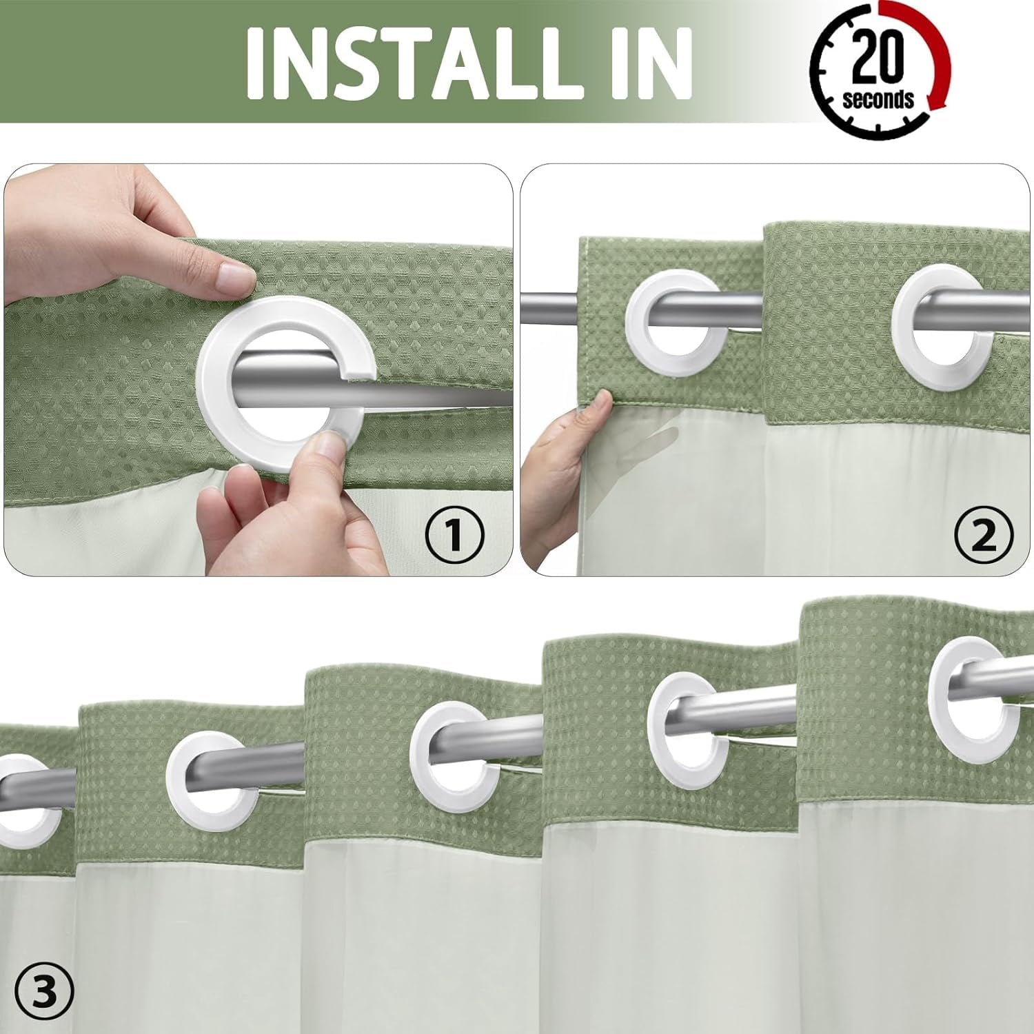 AllWays Plaza Waterproof Fabric Snap in Shower Curtain Liner Replacement with 2 Magnets71 W x 55" L for 72" W x 75" L No Hook Shower Curtain - Removable &amp; Detachable to Wash - White