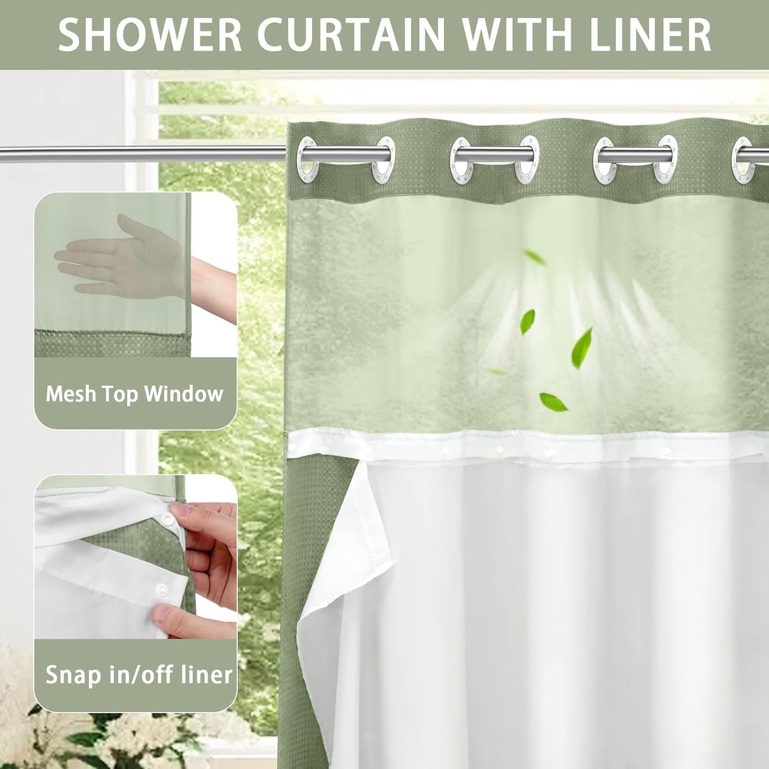 AllWays Plaza Waterproof Fabric Snap in Shower Curtain Liner Replacement with 2 Magnets71 W x 55" L for 72" W x 75" L No Hook Shower Curtain - Removable &amp; Detachable to Wash - White