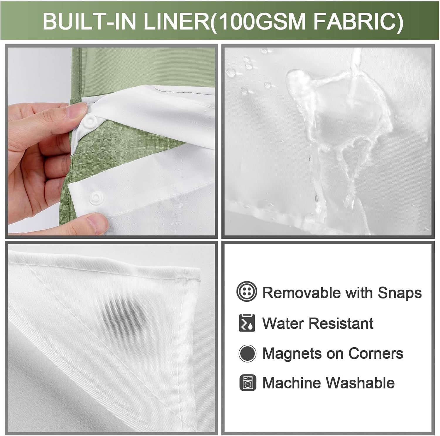 AllWays Plaza Waterproof Fabric Snap in Shower Curtain Liner Replacement with 2 Magnets71 W x 55" L for 72" W x 75" L No Hook Shower Curtain - Removable &amp; Detachable to Wash - White