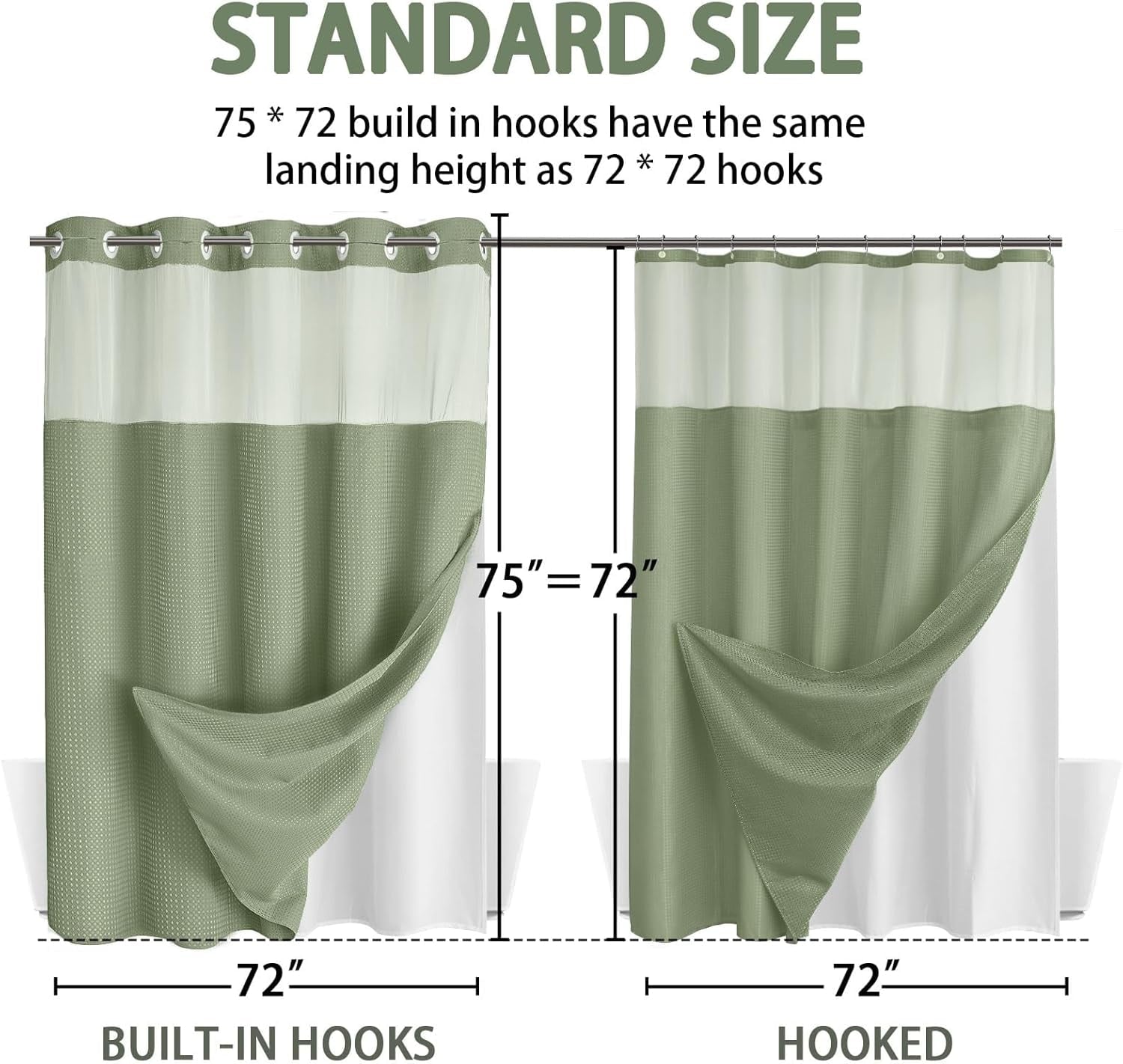 AllWays Plaza Waterproof Fabric Snap in Shower Curtain Liner Replacement with 2 Magnets71 W x 55" L for 72" W x 75" L No Hook Shower Curtain - Removable &amp; Detachable to Wash - White