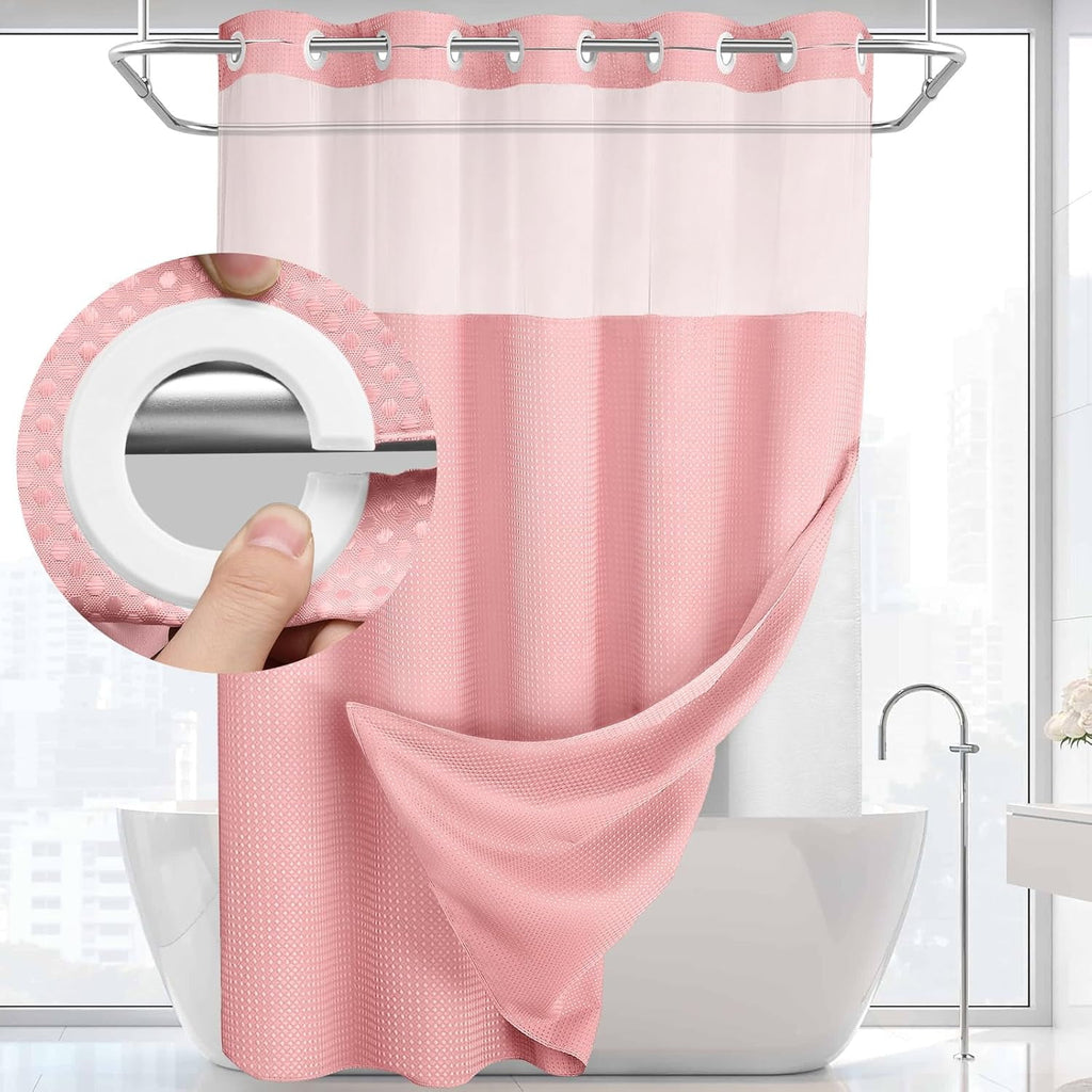 AllWays Plaza Waterproof Fabric Snap in Shower Curtain Liner Replacement with 2 Magnets71 W x 55" L for 72" W x 75" L No Hook Shower Curtain - Removable &amp; Detachable to Wash - White