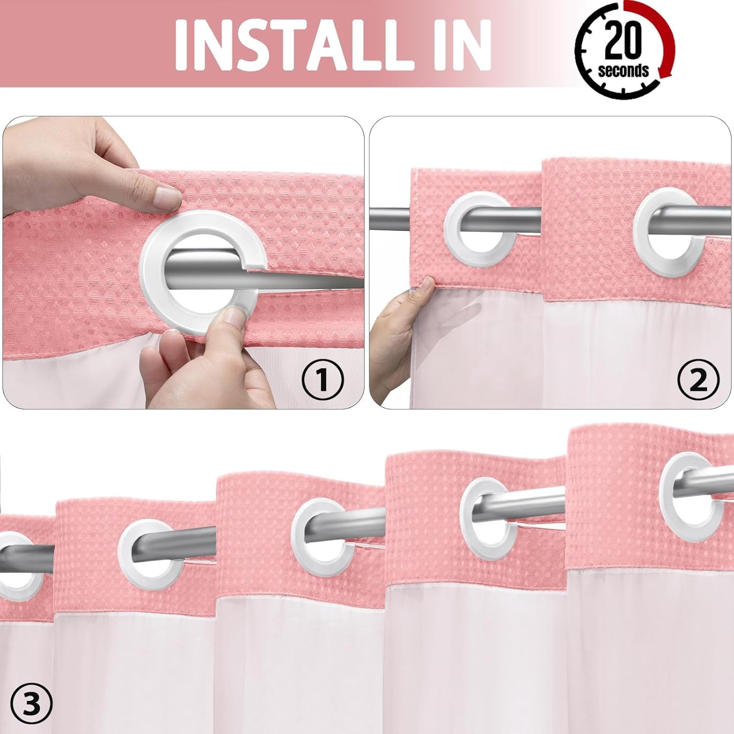 AllWays Plaza Waterproof Fabric Snap in Shower Curtain Liner Replacement with 2 Magnets71 W x 55" L for 72" W x 75" L No Hook Shower Curtain - Removable &amp; Detachable to Wash - White