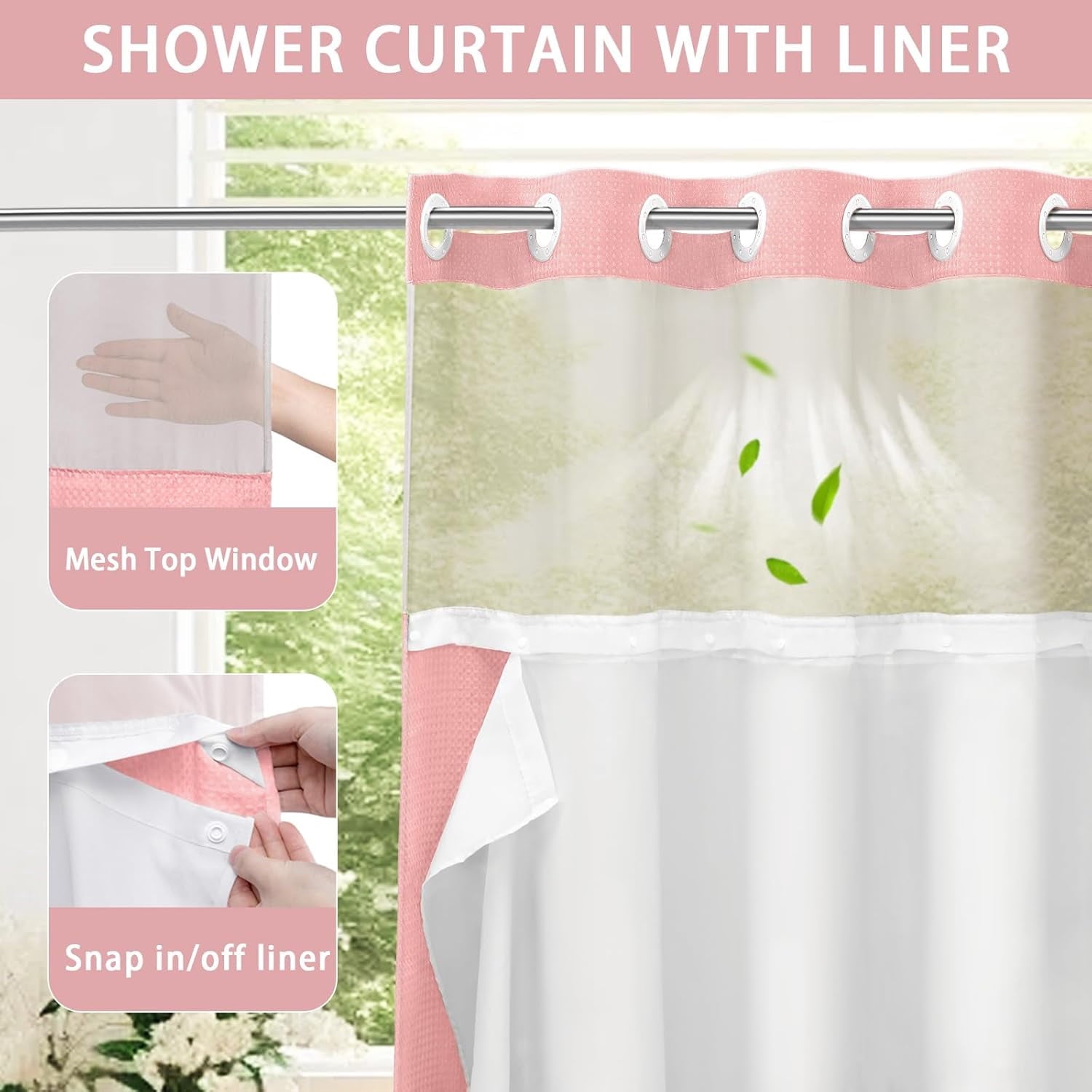 AllWays Plaza Waterproof Fabric Snap in Shower Curtain Liner Replacement with 2 Magnets71 W x 55" L for 72" W x 75" L No Hook Shower Curtain - Removable &amp; Detachable to Wash - White