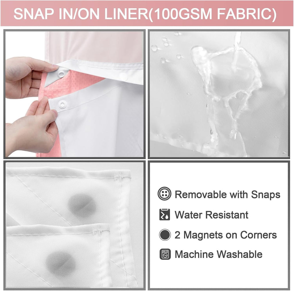 AllWays Plaza Waterproof Fabric Snap in Shower Curtain Liner Replacement with 2 Magnets71 W x 55" L for 72" W x 75" L No Hook Shower Curtain - Removable &amp; Detachable to Wash - White