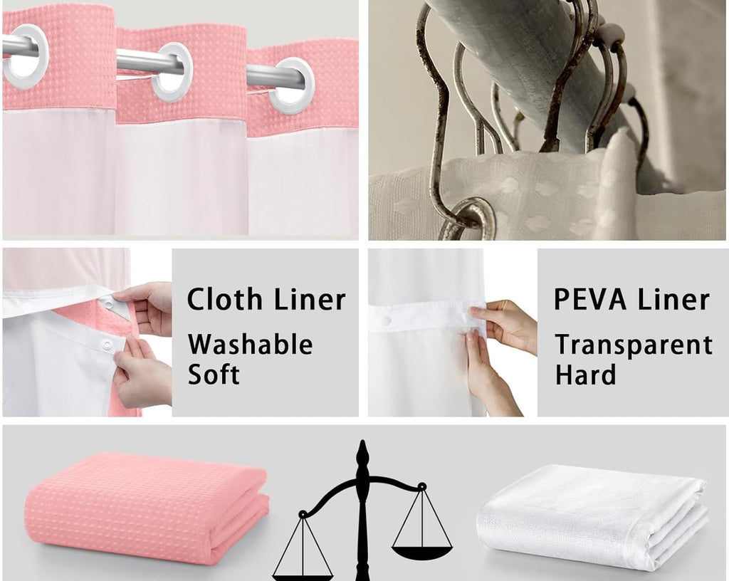 AllWays Plaza Waterproof Fabric Snap in Shower Curtain Liner Replacement with 2 Magnets71 W x 55" L for 72" W x 75" L No Hook Shower Curtain - Removable &amp; Detachable to Wash - White
