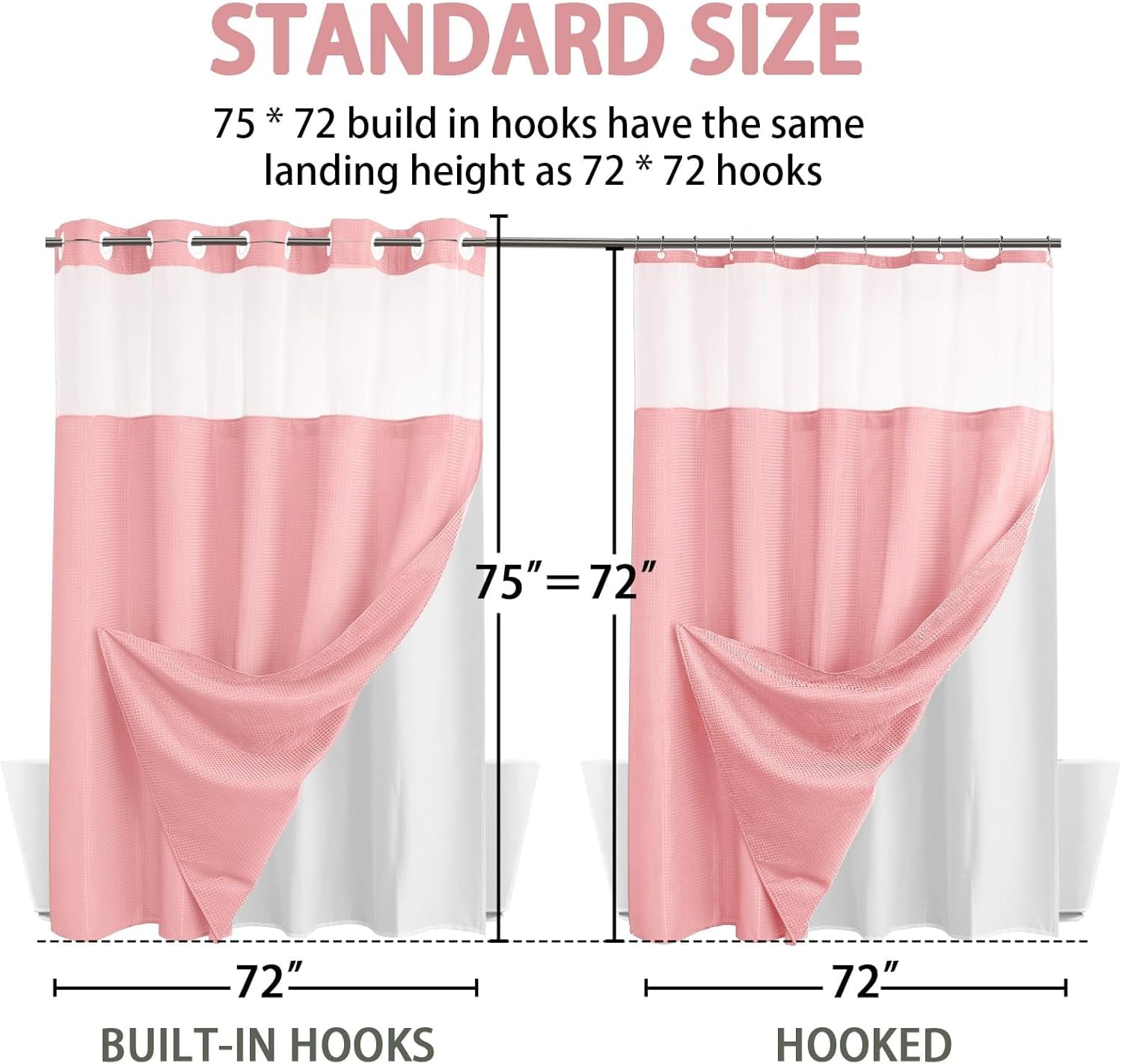 AllWays Plaza Waterproof Fabric Snap in Shower Curtain Liner Replacement with 2 Magnets71 W x 55" L for 72" W x 75" L No Hook Shower Curtain - Removable &amp; Detachable to Wash - White