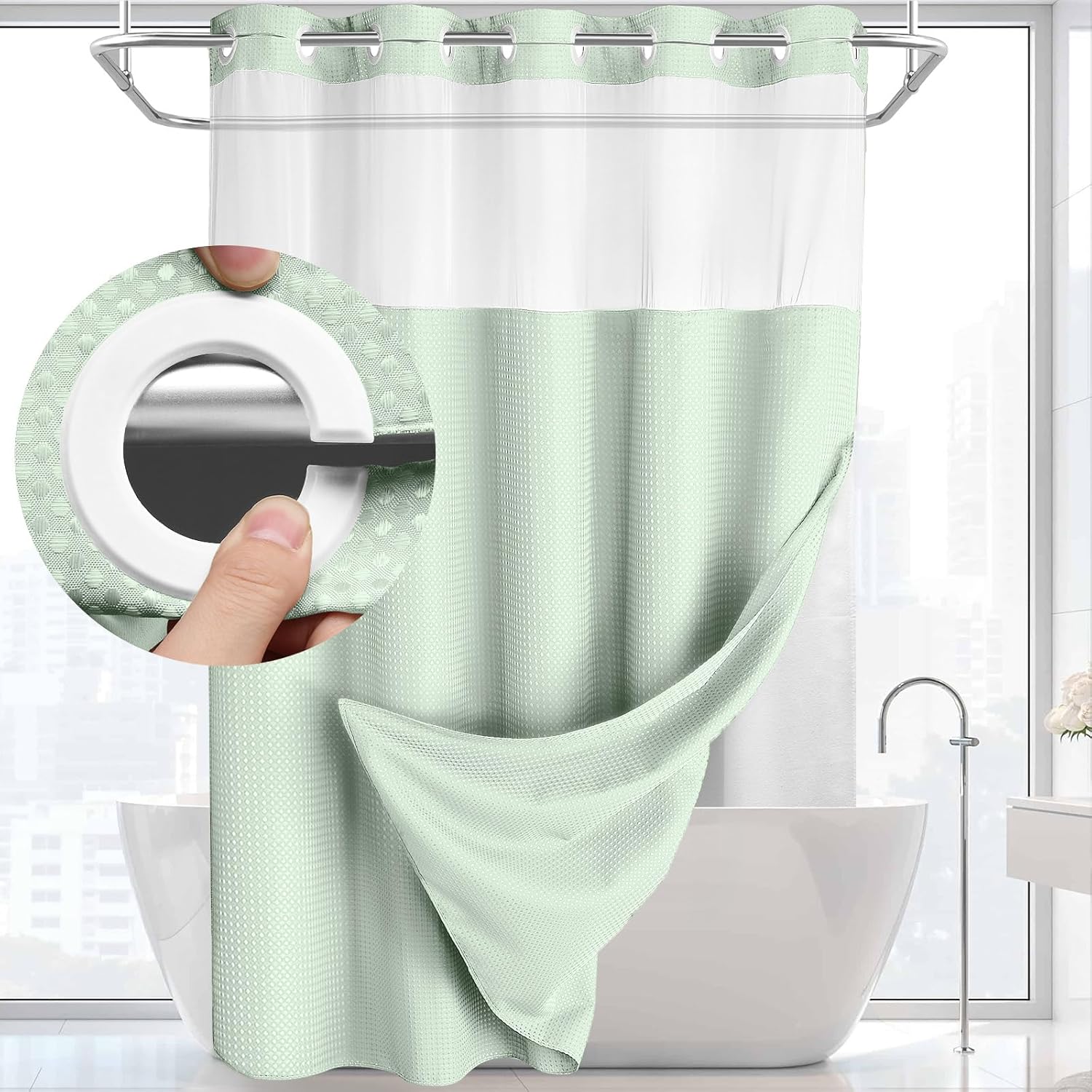 AllWays Plaza Waterproof Fabric Snap in Shower Curtain Liner Replacement with 2 Magnets71 W x 55" L for 72" W x 75" L No Hook Shower Curtain - Removable &amp; Detachable to Wash - White