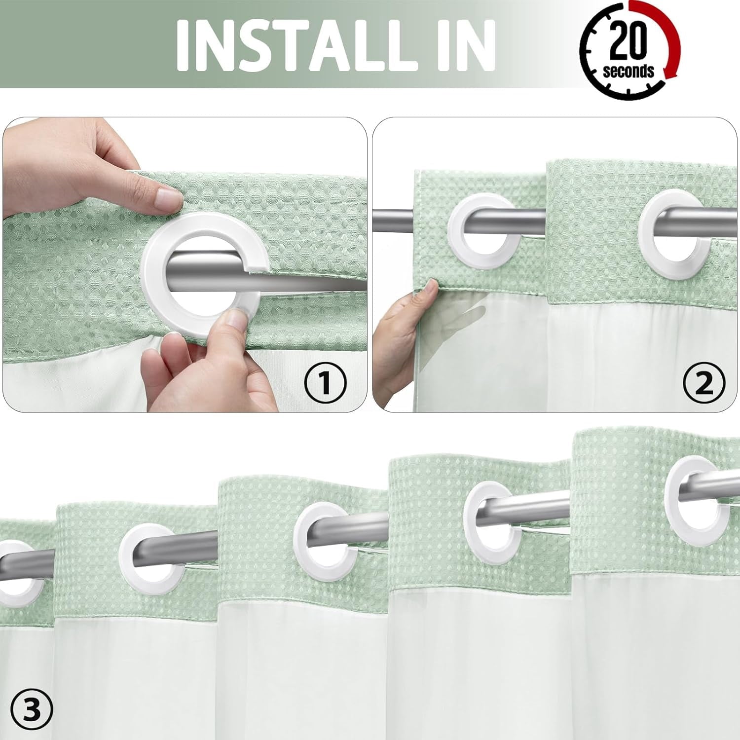 AllWays Plaza Waterproof Fabric Snap in Shower Curtain Liner Replacement with 2 Magnets71 W x 55" L for 72" W x 75" L No Hook Shower Curtain - Removable &amp; Detachable to Wash - White