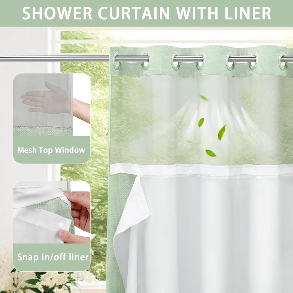 AllWays Plaza Waterproof Fabric Snap in Shower Curtain Liner Replacement with 2 Magnets71 W x 55" L for 72" W x 75" L No Hook Shower Curtain - Removable &amp; Detachable to Wash - White