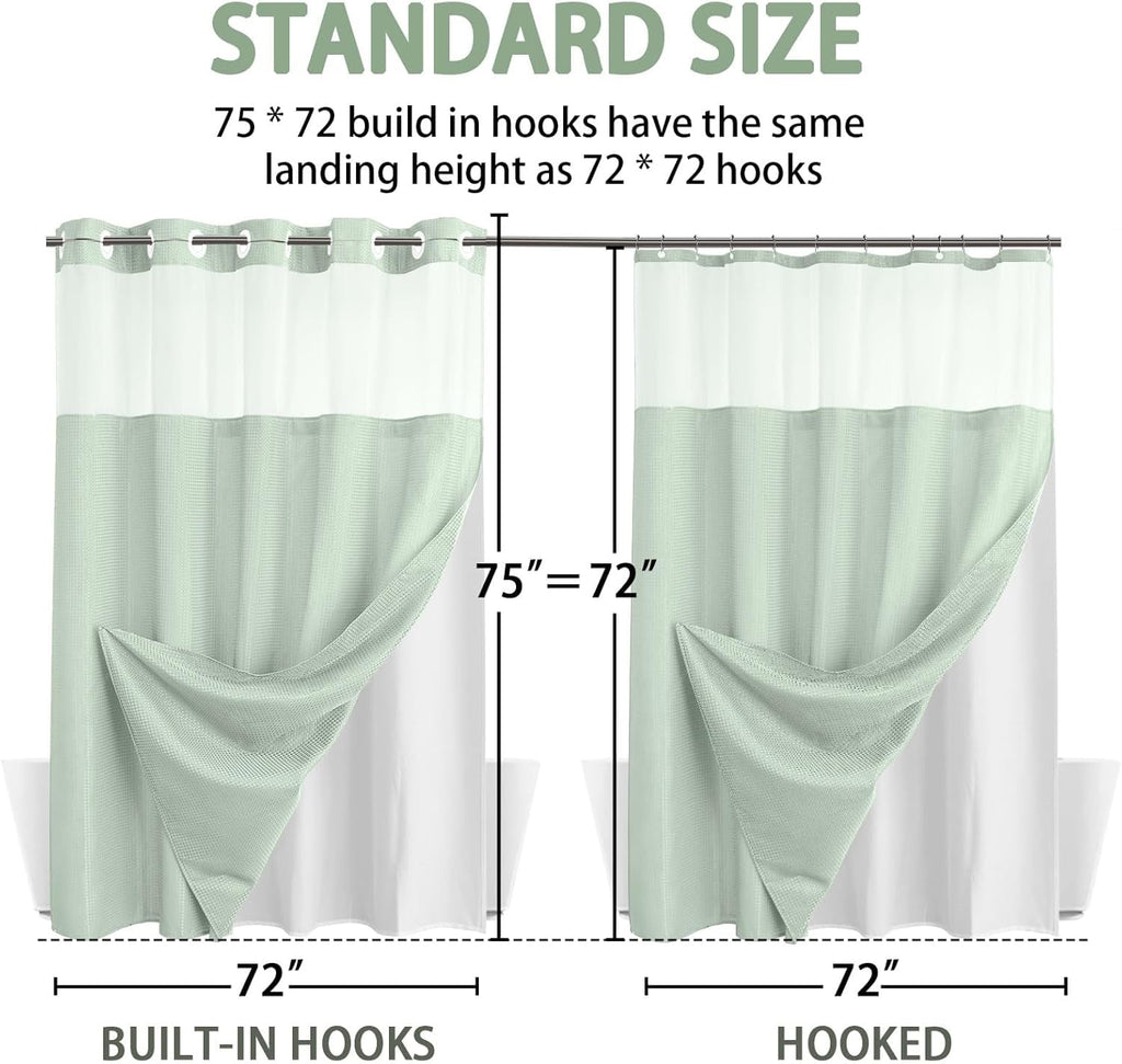 AllWays Plaza Waterproof Fabric Snap in Shower Curtain Liner Replacement with 2 Magnets71 W x 55" L for 72" W x 75" L No Hook Shower Curtain - Removable &amp; Detachable to Wash - White
