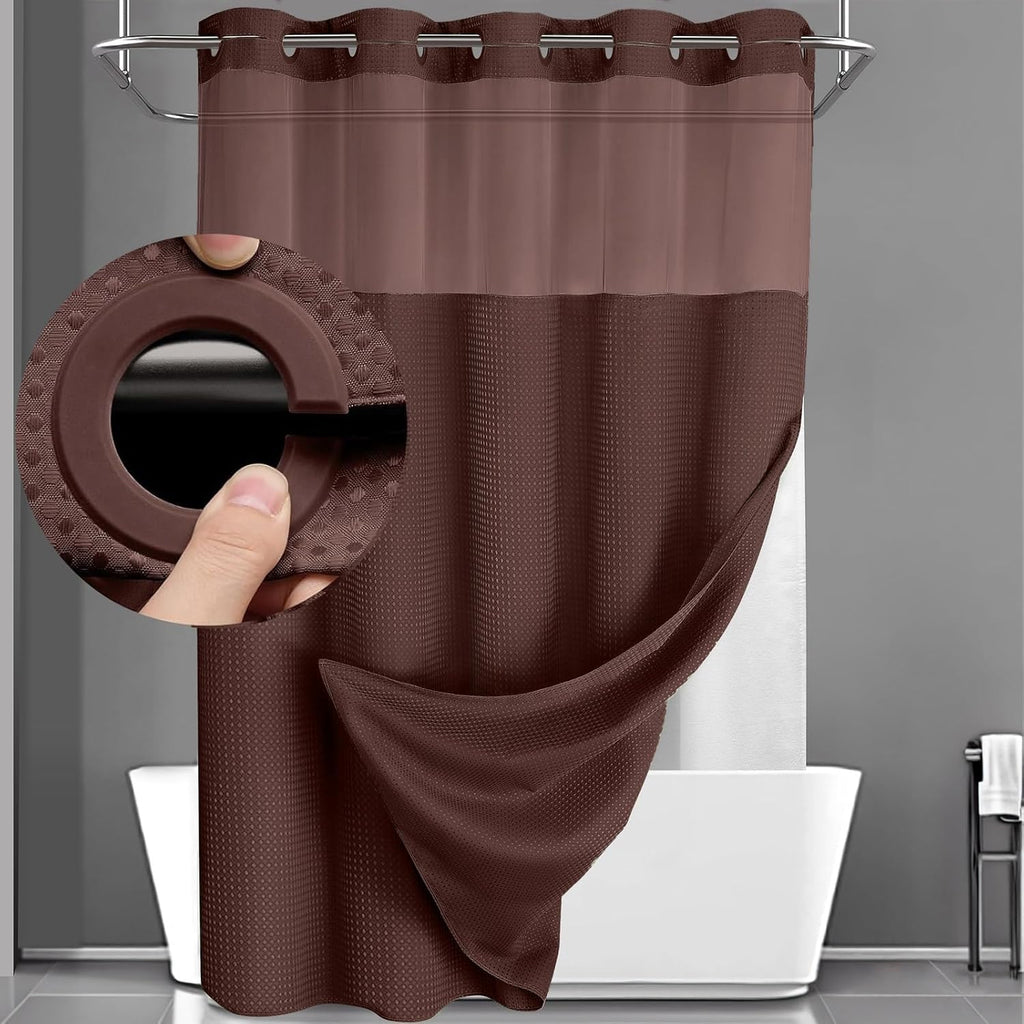 AllWays Plaza Waterproof Fabric Snap in Shower Curtain Liner Replacement with 2 Magnets71 W x 55" L for 72" W x 75" L No Hook Shower Curtain - Removable &amp; Detachable to Wash - White