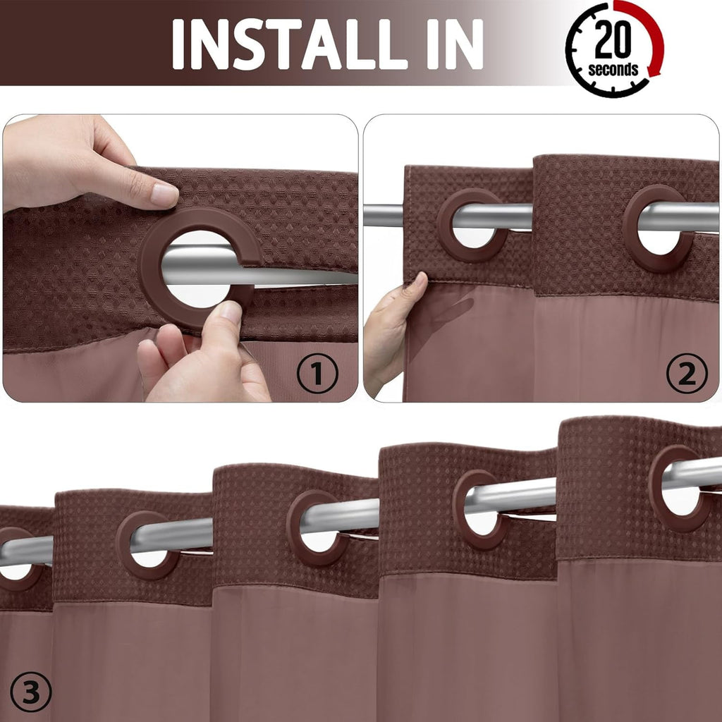AllWays Plaza Waterproof Fabric Snap in Shower Curtain Liner Replacement with 2 Magnets71 W x 55" L for 72" W x 75" L No Hook Shower Curtain - Removable &amp; Detachable to Wash - White