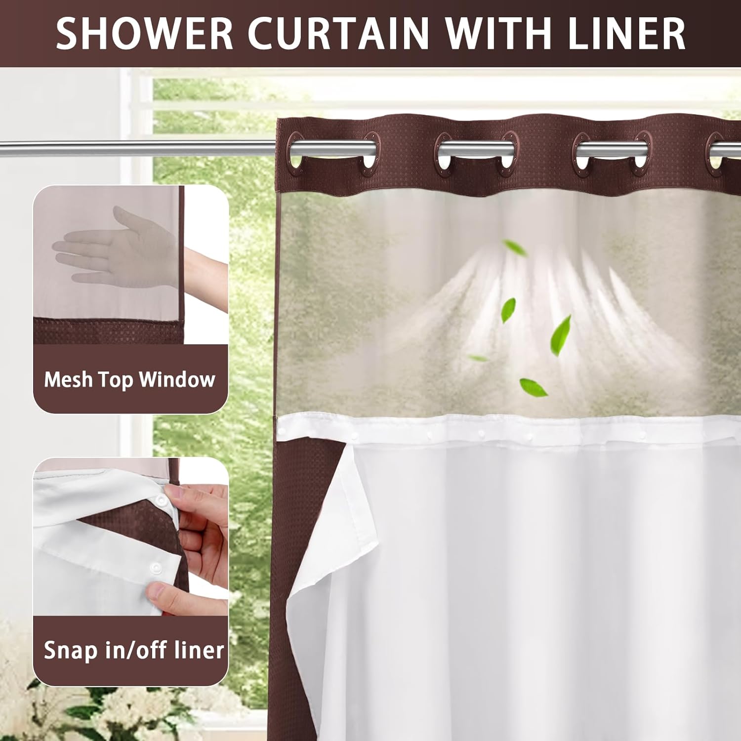 AllWays Plaza Waterproof Fabric Snap in Shower Curtain Liner Replacement with 2 Magnets71 W x 55" L for 72" W x 75" L No Hook Shower Curtain - Removable &amp; Detachable to Wash - White