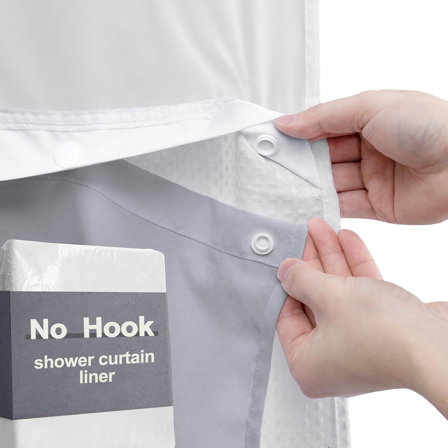 AllWays Plaza Waterproof Fabric Snap in Shower Curtain Liner Replacement with 2 Magnets71 W x 55" L for 72" W x 75" L No Hook Shower Curtain - Removable &amp; Detachable to Wash - White