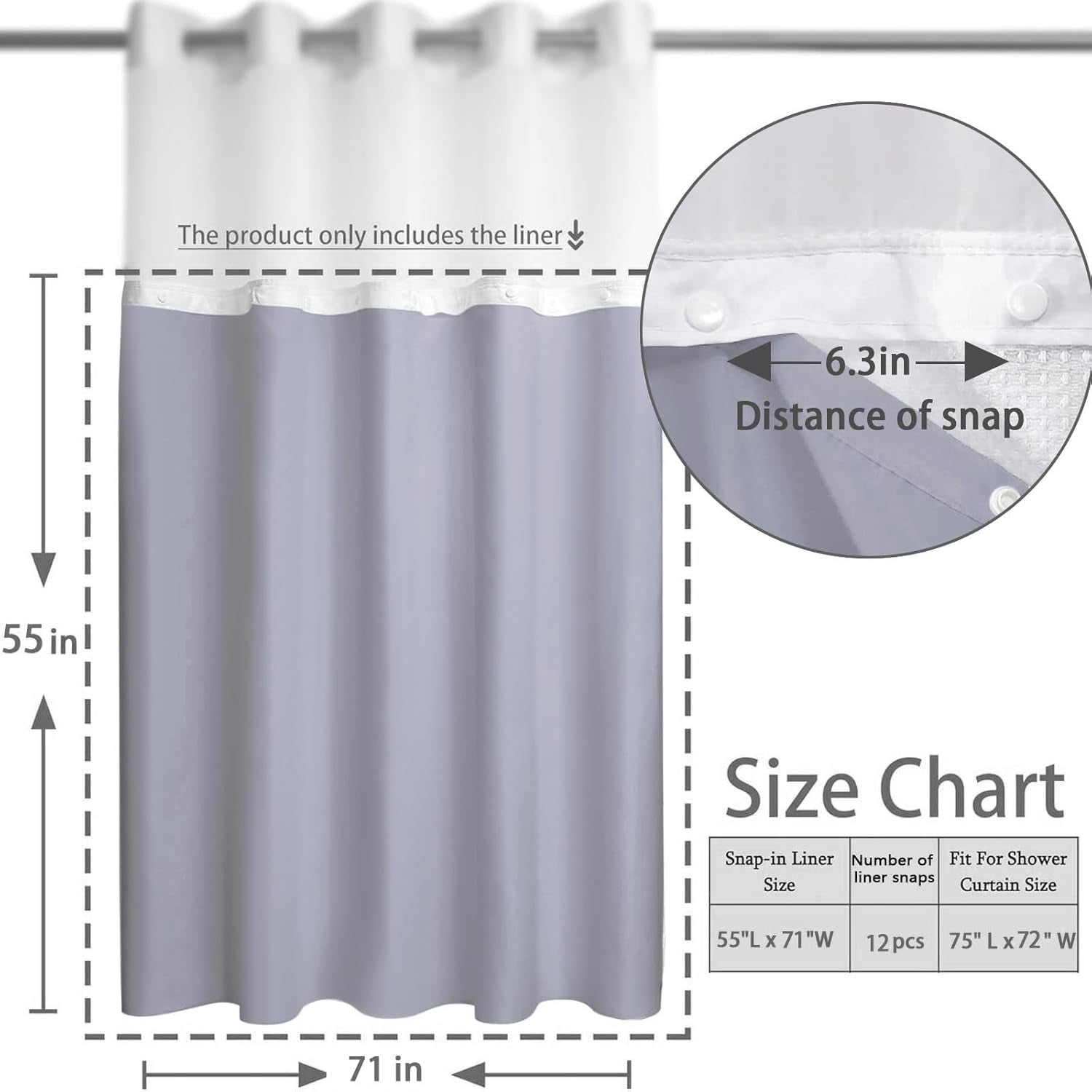 AllWays Plaza Waterproof Fabric Snap in Shower Curtain Liner Replacement with 2 Magnets71 W x 55" L for 72" W x 75" L No Hook Shower Curtain - Removable &amp; Detachable to Wash - White