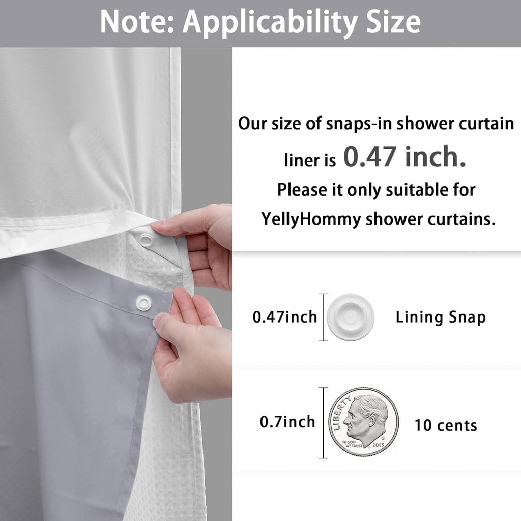 AllWays Plaza Waterproof Fabric Snap in Shower Curtain Liner Replacement with 2 Magnets71 W x 55" L for 72" W x 75" L No Hook Shower Curtain - Removable &amp; Detachable to Wash - White