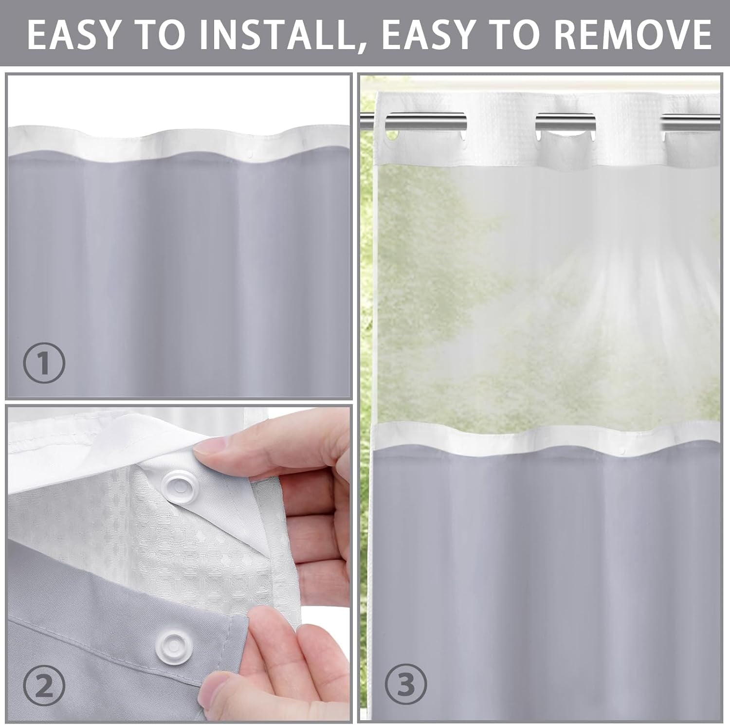 AllWays Plaza Waterproof Fabric Snap in Shower Curtain Liner Replacement with 2 Magnets71 W x 55" L for 72" W x 75" L No Hook Shower Curtain - Removable &amp; Detachable to Wash - White