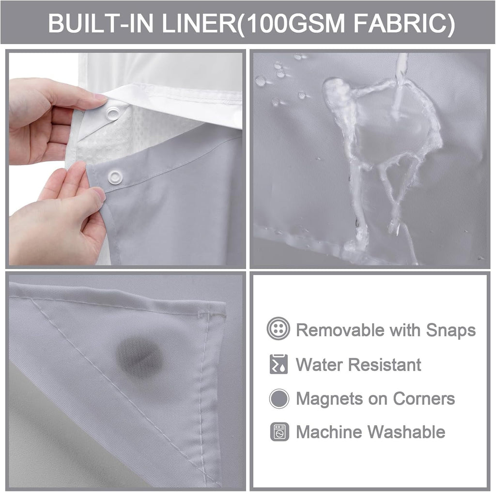 AllWays Plaza Waterproof Fabric Snap in Shower Curtain Liner Replacement with 2 Magnets71 W x 55" L for 72" W x 75" L No Hook Shower Curtain - Removable &amp; Detachable to Wash - White