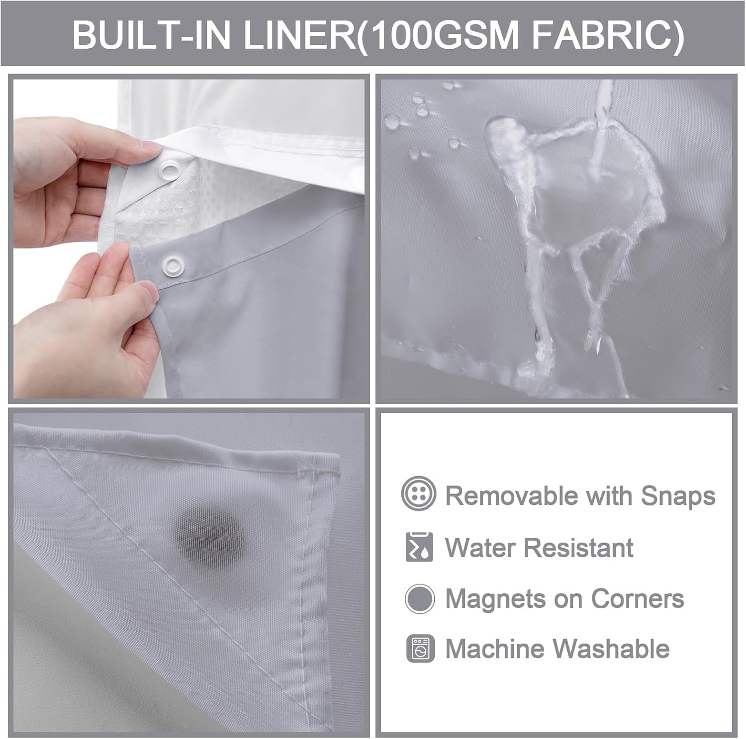 AllWays Plaza Waterproof Fabric Snap in Shower Curtain Liner Replacement with 2 Magnets71 W x 55" L for 72" W x 75" L No Hook Shower Curtain - Removable &amp; Detachable to Wash - White