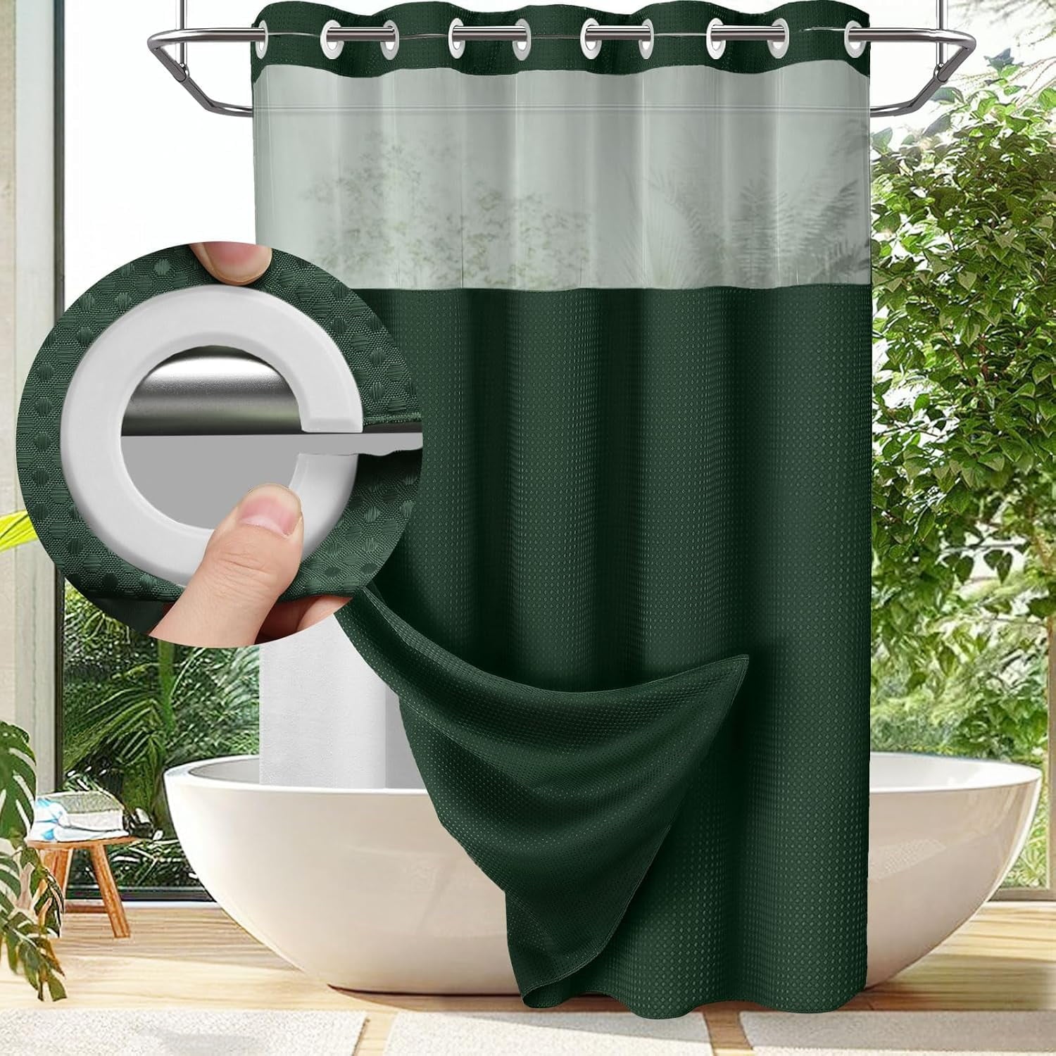 AllWays Plaza Waterproof Fabric Snap in Shower Curtain Liner Replacement with 2 Magnets71 W x 55" L for 72" W x 75" L No Hook Shower Curtain - Removable &amp; Detachable to Wash - White