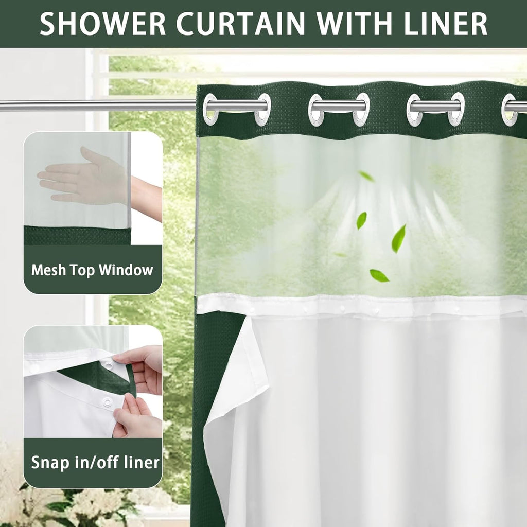 AllWays Plaza Waterproof Fabric Snap in Shower Curtain Liner Replacement with 2 Magnets71 W x 55" L for 72" W x 75" L No Hook Shower Curtain - Removable &amp; Detachable to Wash - White