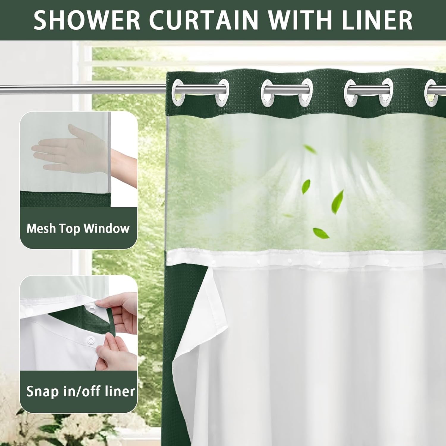 AllWays Plaza Waterproof Fabric Snap in Shower Curtain Liner Replacement with 2 Magnets71 W x 55" L for 72" W x 75" L No Hook Shower Curtain - Removable &amp; Detachable to Wash - White
