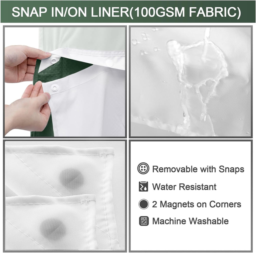 AllWays Plaza Waterproof Fabric Snap in Shower Curtain Liner Replacement with 2 Magnets71 W x 55" L for 72" W x 75" L No Hook Shower Curtain - Removable &amp; Detachable to Wash - White