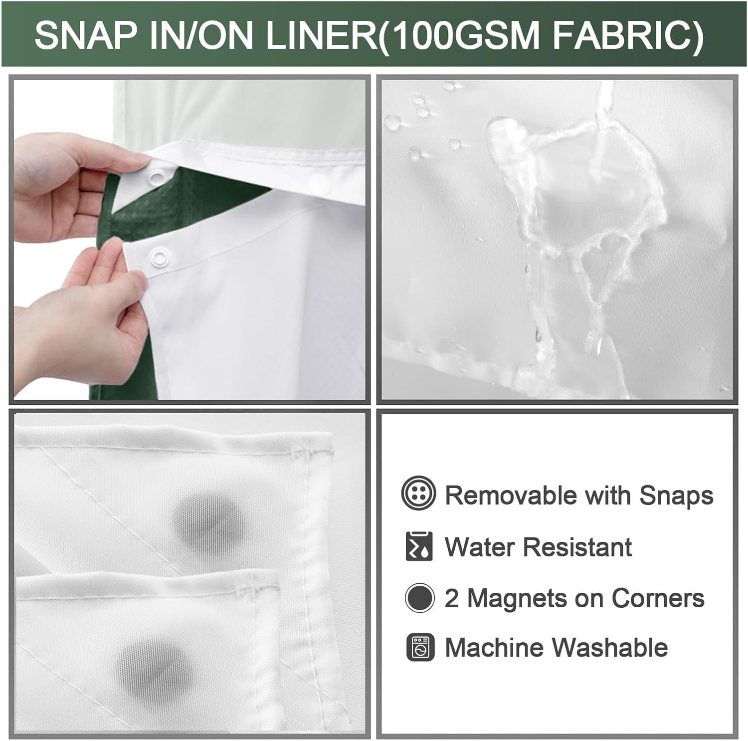 AllWays Plaza Waterproof Fabric Snap in Shower Curtain Liner Replacement with 2 Magnets71 W x 55" L for 72" W x 75" L No Hook Shower Curtain - Removable &amp; Detachable to Wash - White