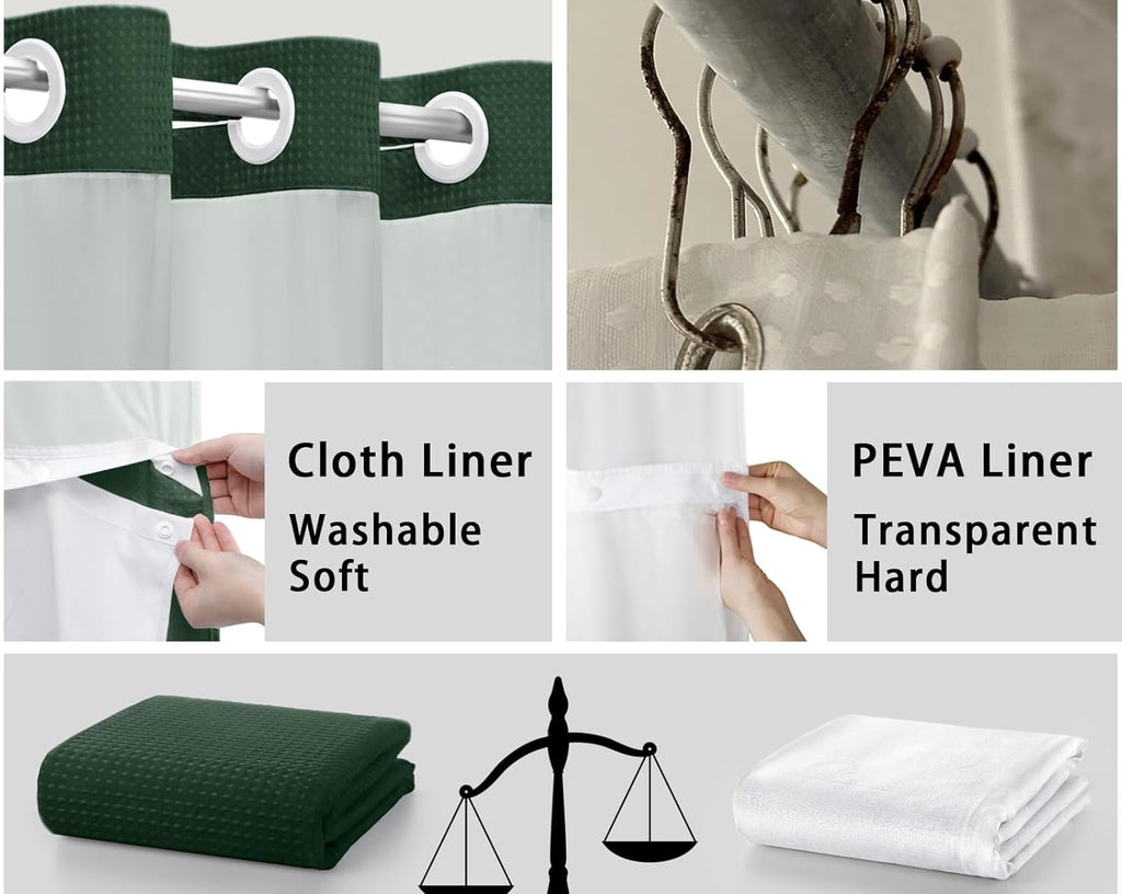 AllWays Plaza Waterproof Fabric Snap in Shower Curtain Liner Replacement with 2 Magnets71 W x 55" L for 72" W x 75" L No Hook Shower Curtain - Removable &amp; Detachable to Wash - White