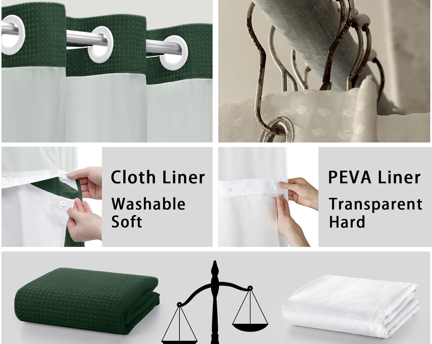 AllWays Plaza Waterproof Fabric Snap in Shower Curtain Liner Replacement with 2 Magnets71 W x 55" L for 72" W x 75" L No Hook Shower Curtain - Removable &amp; Detachable to Wash - White