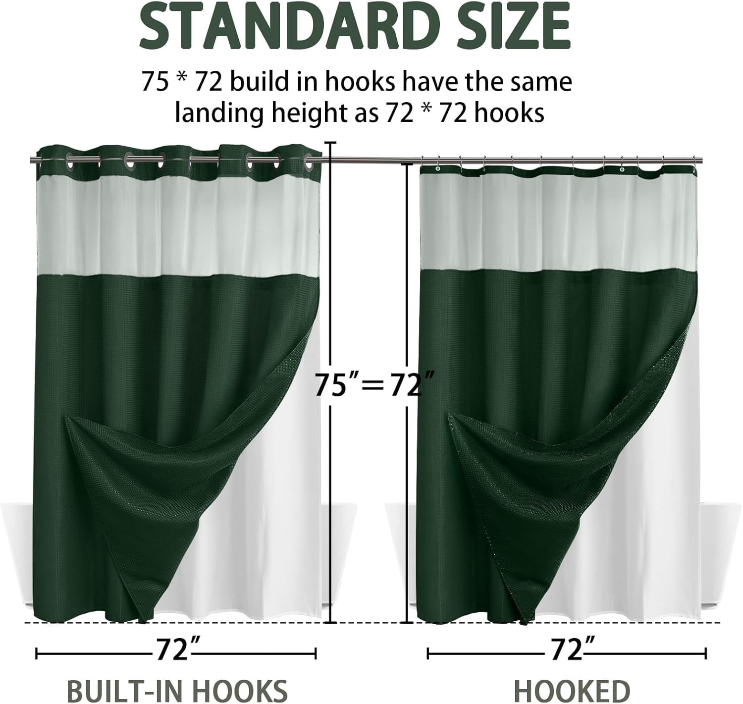 AllWays Plaza Waterproof Fabric Snap in Shower Curtain Liner Replacement with 2 Magnets71 W x 55" L for 72" W x 75" L No Hook Shower Curtain - Removable &amp; Detachable to Wash - White