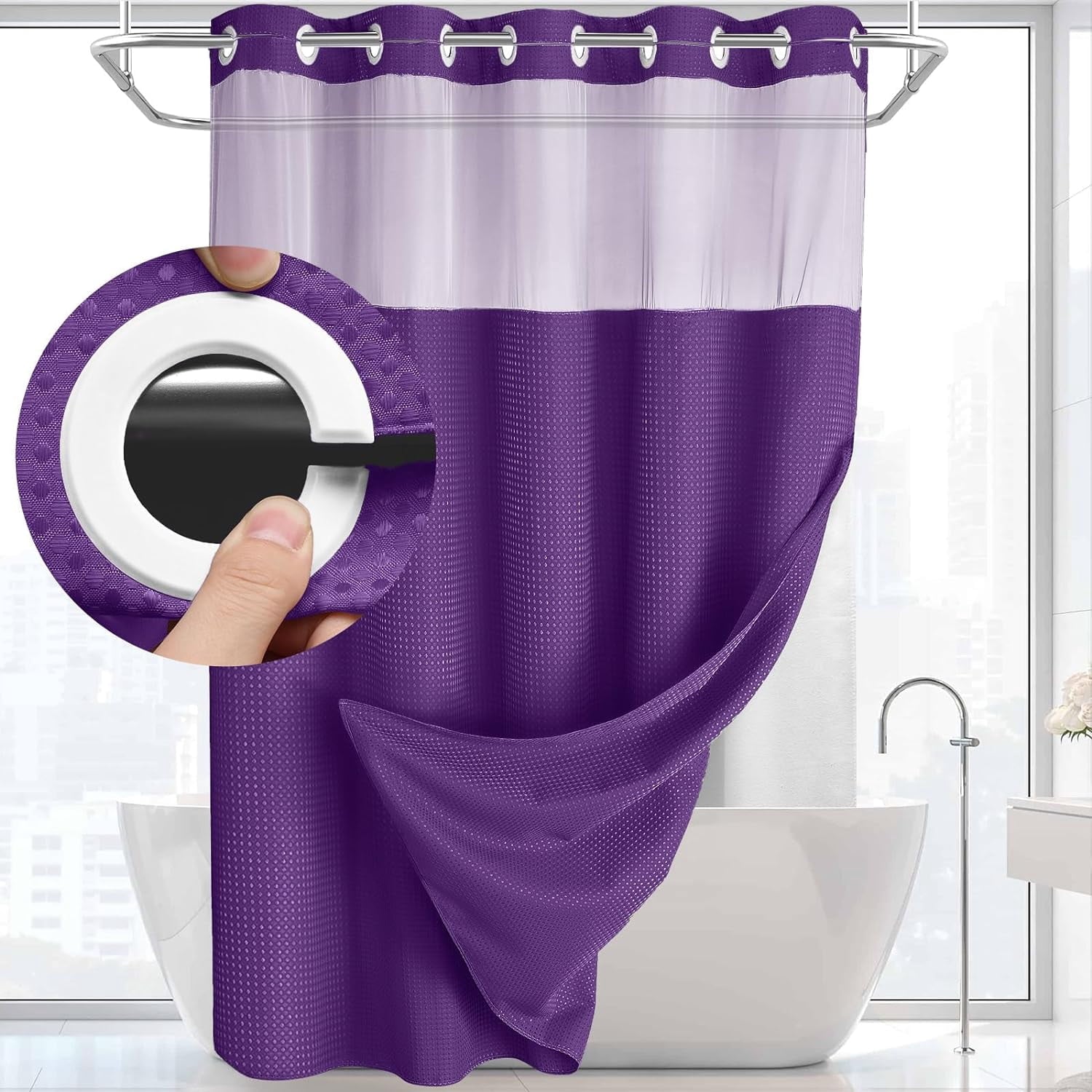 AllWays Plaza Waterproof Fabric Snap in Shower Curtain Liner Replacement with 2 Magnets71 W x 55" L for 72" W x 75" L No Hook Shower Curtain - Removable &amp; Detachable to Wash - White
