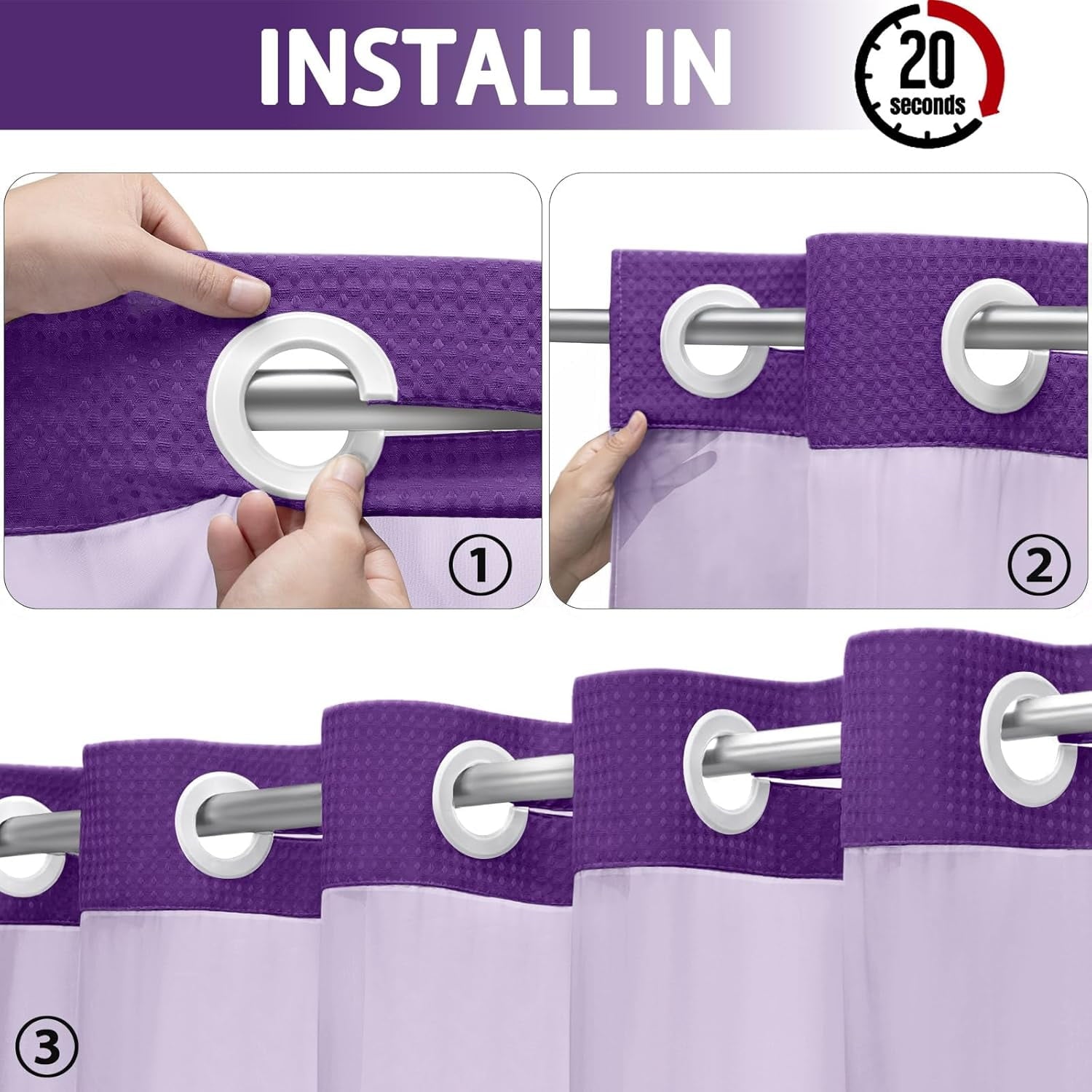 AllWays Plaza Waterproof Fabric Snap in Shower Curtain Liner Replacement with 2 Magnets71 W x 55" L for 72" W x 75" L No Hook Shower Curtain - Removable &amp; Detachable to Wash - White