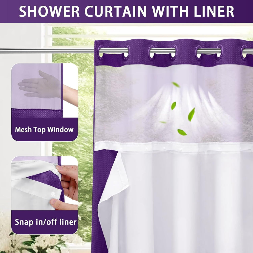 AllWays Plaza Waterproof Fabric Snap in Shower Curtain Liner Replacement with 2 Magnets71 W x 55" L for 72" W x 75" L No Hook Shower Curtain - Removable &amp; Detachable to Wash - White