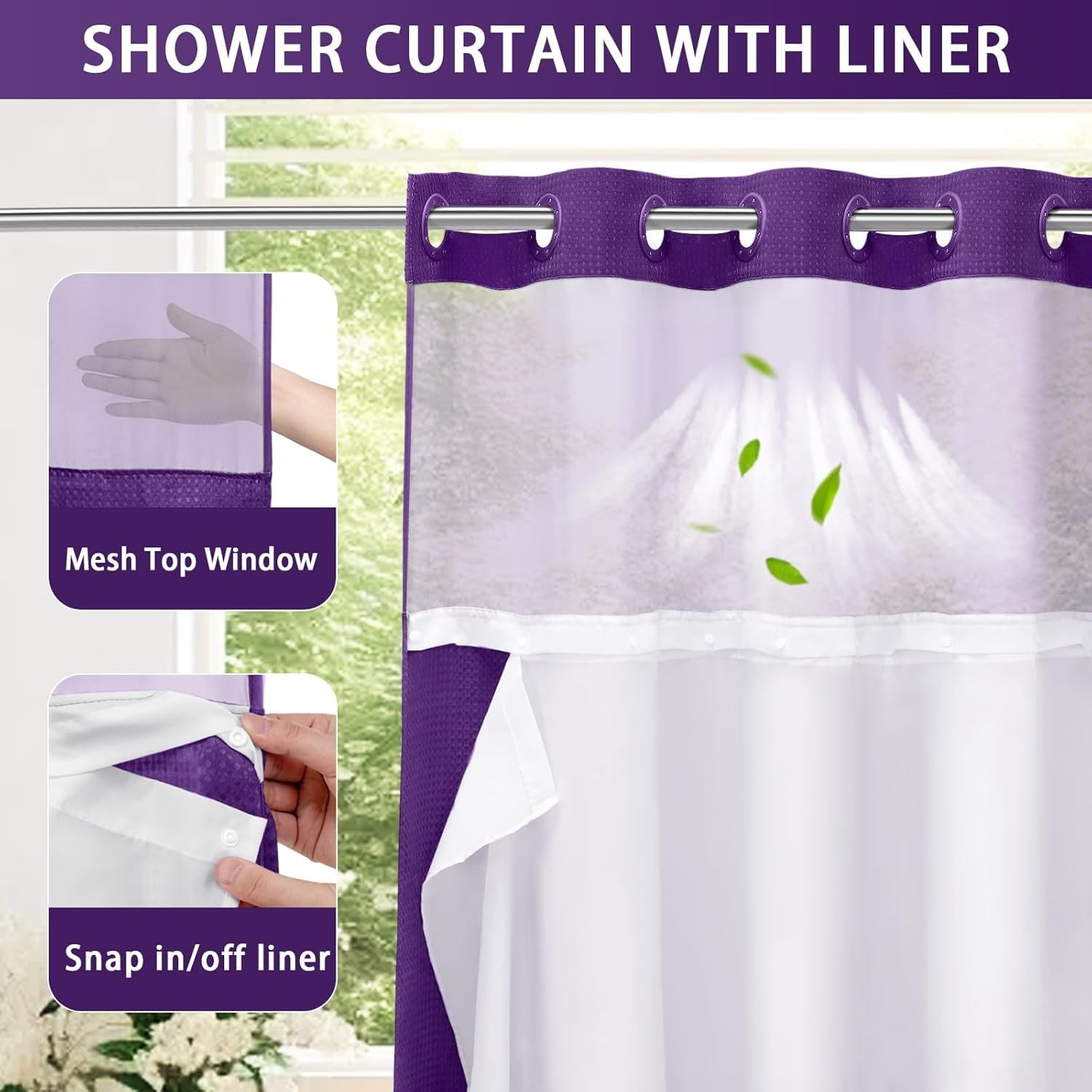 AllWays Plaza Waterproof Fabric Snap in Shower Curtain Liner Replacement with 2 Magnets71 W x 55" L for 72" W x 75" L No Hook Shower Curtain - Removable &amp; Detachable to Wash - White