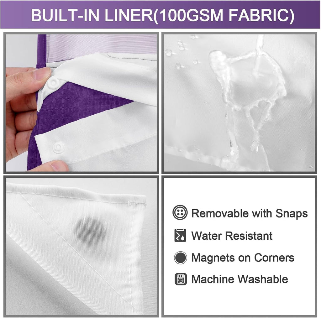 AllWays Plaza Waterproof Fabric Snap in Shower Curtain Liner Replacement with 2 Magnets71 W x 55" L for 72" W x 75" L No Hook Shower Curtain - Removable &amp; Detachable to Wash - White