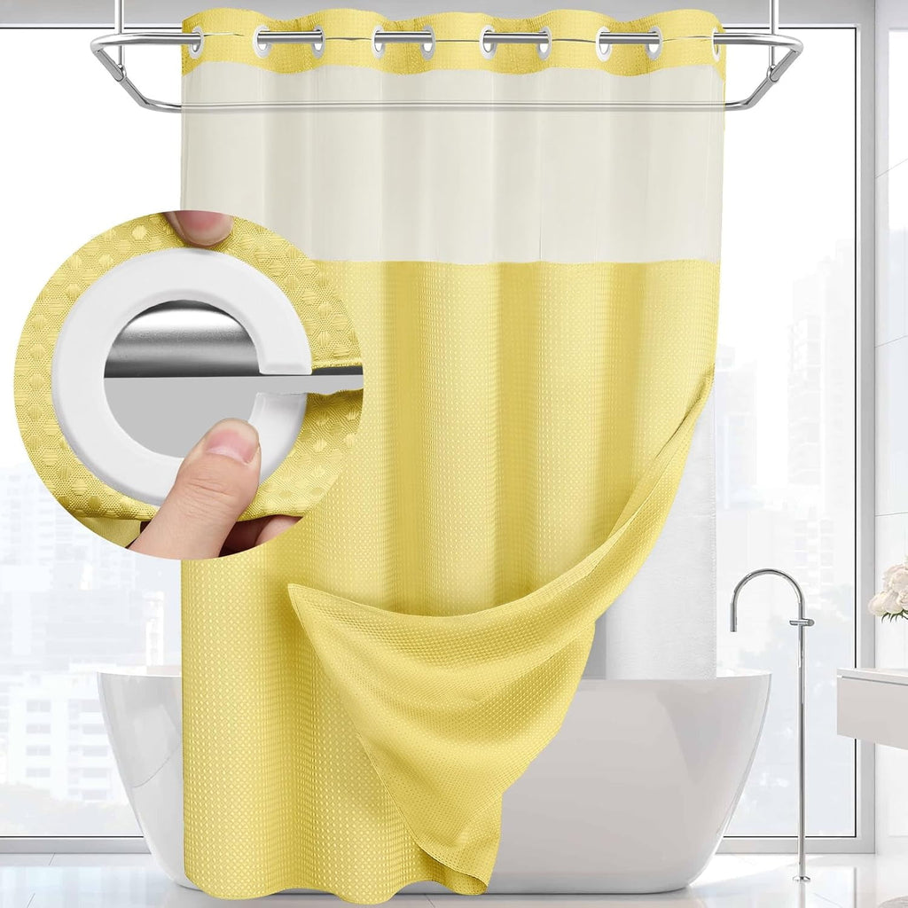 AllWays Plaza Waterproof Fabric Snap in Shower Curtain Liner Replacement with 2 Magnets71 W x 55" L for 72" W x 75" L No Hook Shower Curtain - Removable &amp; Detachable to Wash - White
