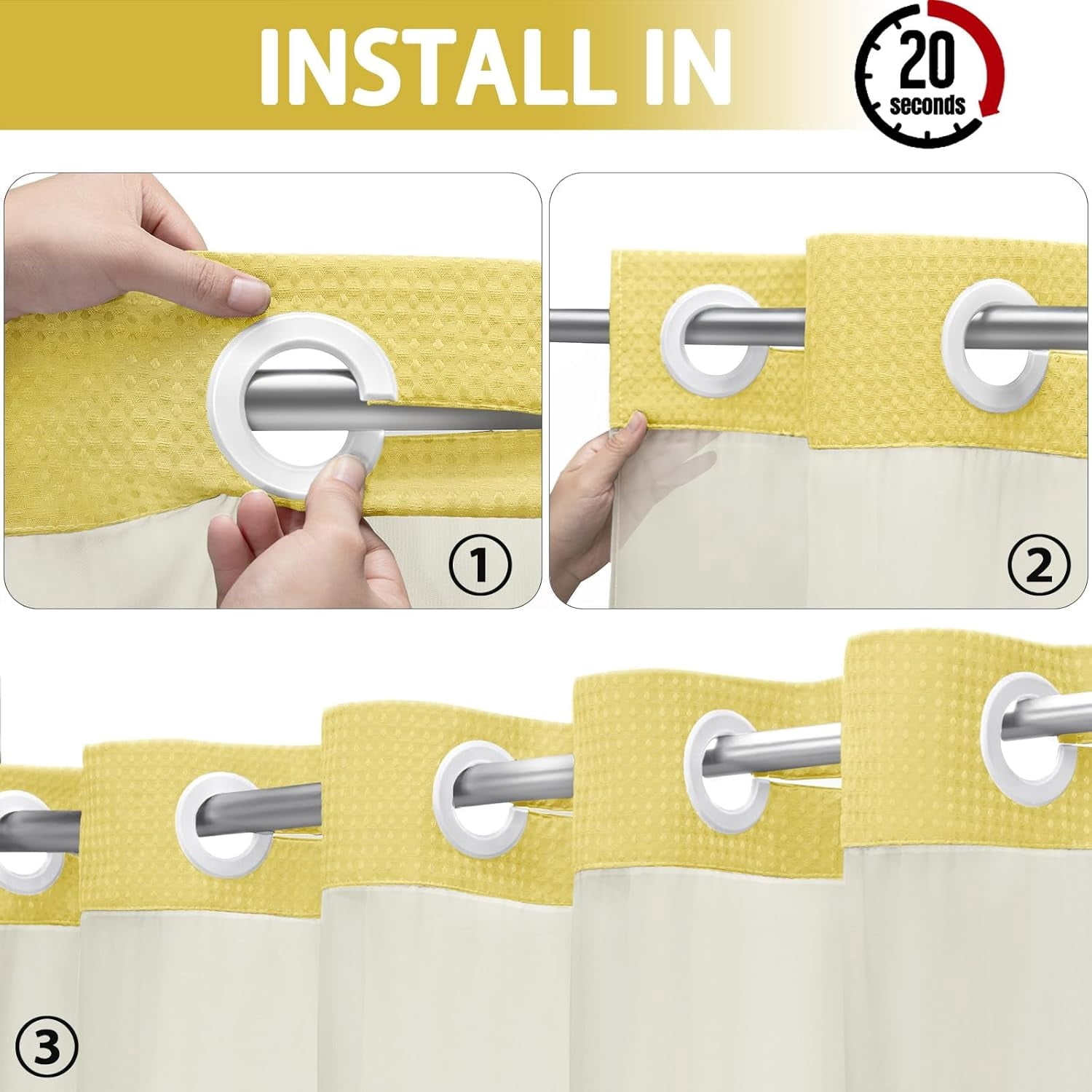 AllWays Plaza Waterproof Fabric Snap in Shower Curtain Liner Replacement with 2 Magnets71 W x 55" L for 72" W x 75" L No Hook Shower Curtain - Removable &amp; Detachable to Wash - White