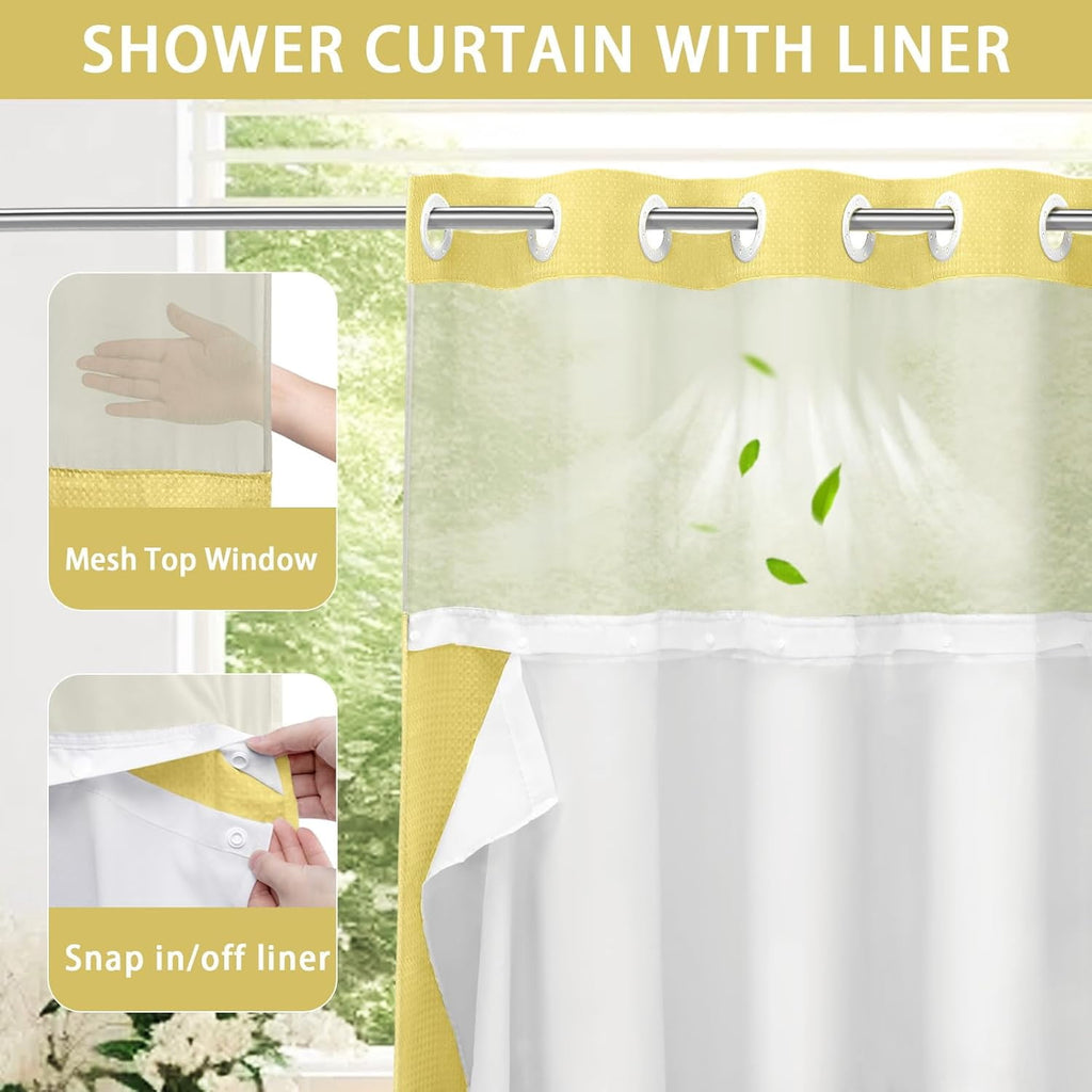 AllWays Plaza Waterproof Fabric Snap in Shower Curtain Liner Replacement with 2 Magnets71 W x 55" L for 72" W x 75" L No Hook Shower Curtain - Removable &amp; Detachable to Wash - White