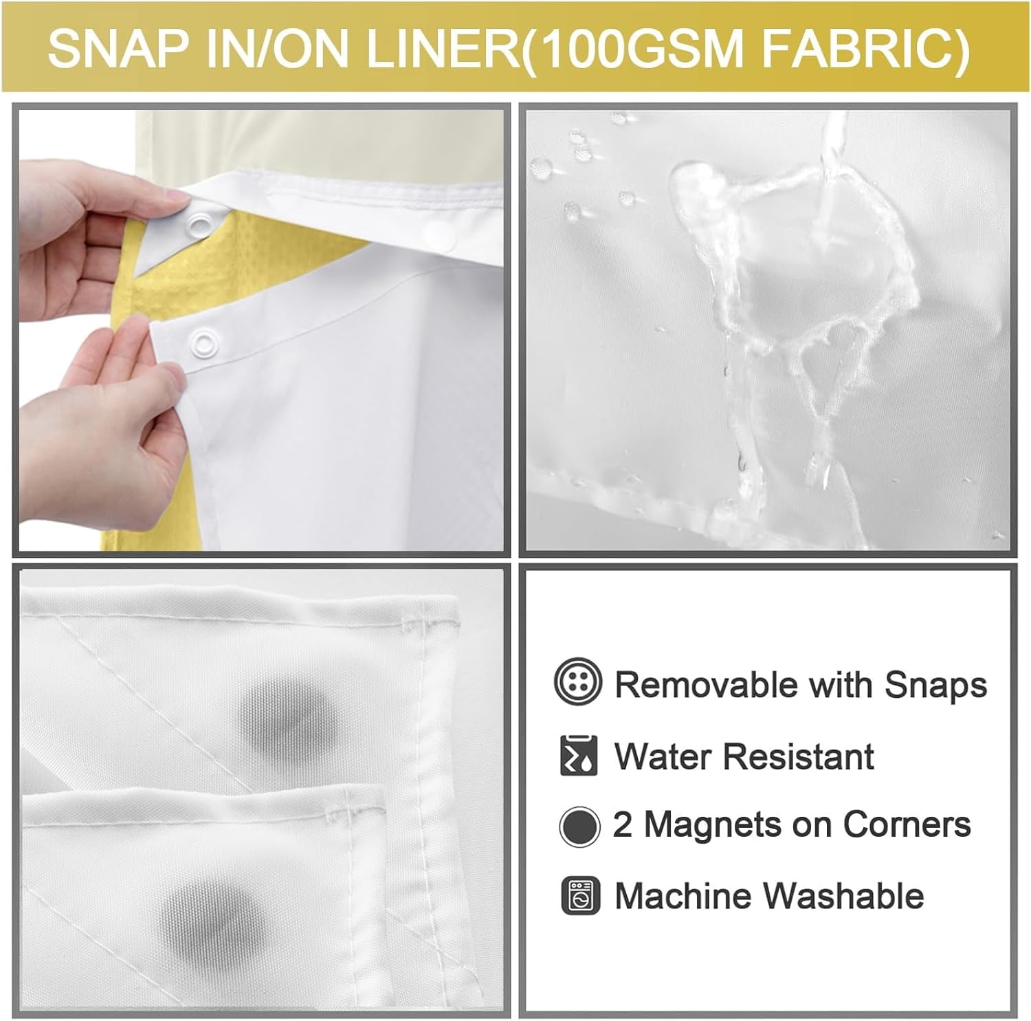 AllWays Plaza Waterproof Fabric Snap in Shower Curtain Liner Replacement with 2 Magnets71 W x 55" L for 72" W x 75" L No Hook Shower Curtain - Removable &amp; Detachable to Wash - White