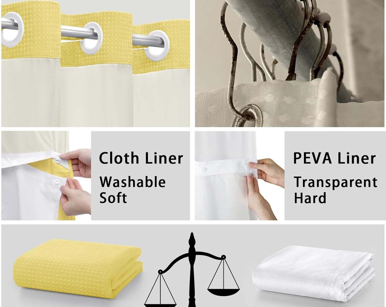 AllWays Plaza Waterproof Fabric Snap in Shower Curtain Liner Replacement with 2 Magnets71 W x 55" L for 72" W x 75" L No Hook Shower Curtain - Removable &amp; Detachable to Wash - White
